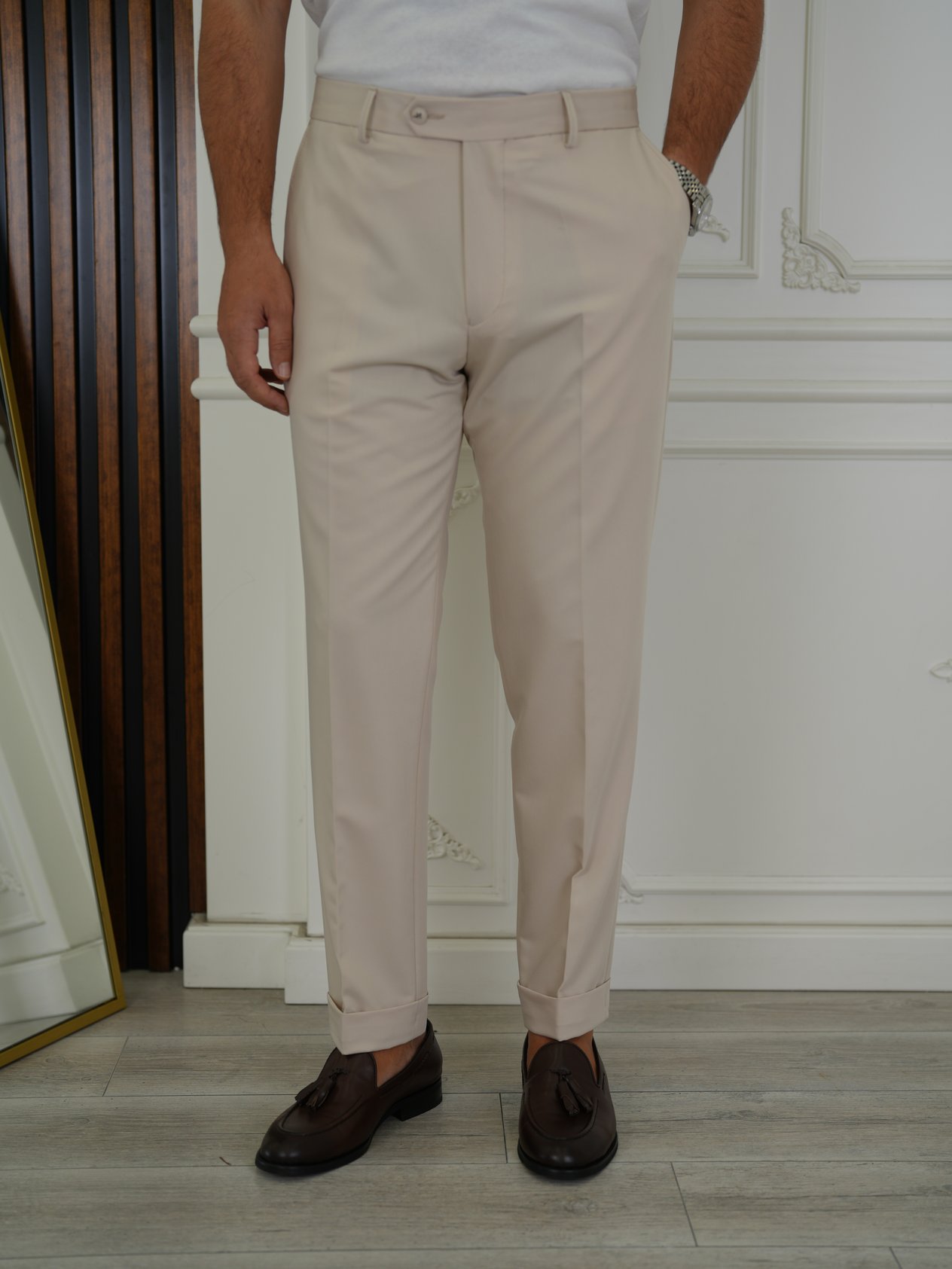 Erkek Slim Fit Yüksek Bel Duble Paça Kumaş Pantolon - Bej