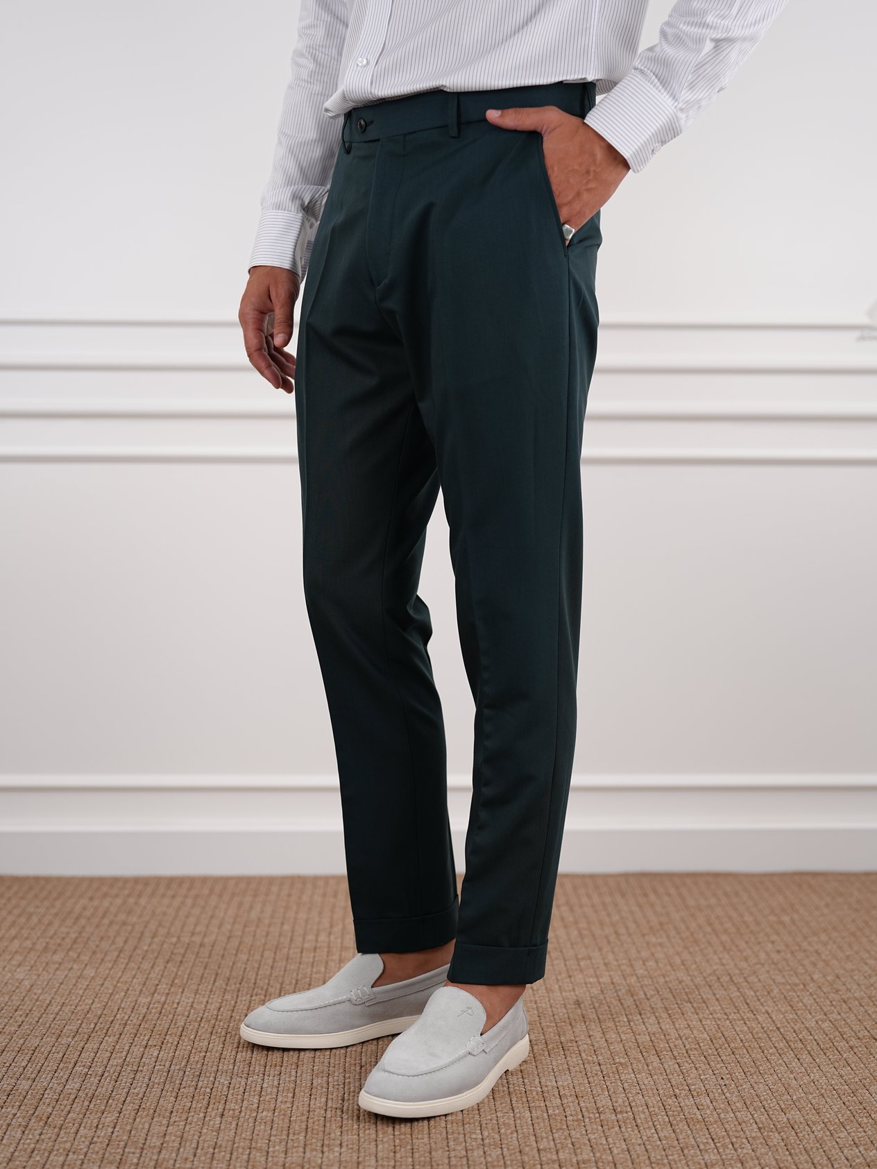 Erkek Slim Fit Yüksek Bel Duble Paça Kumaş Pantolon - Haki
