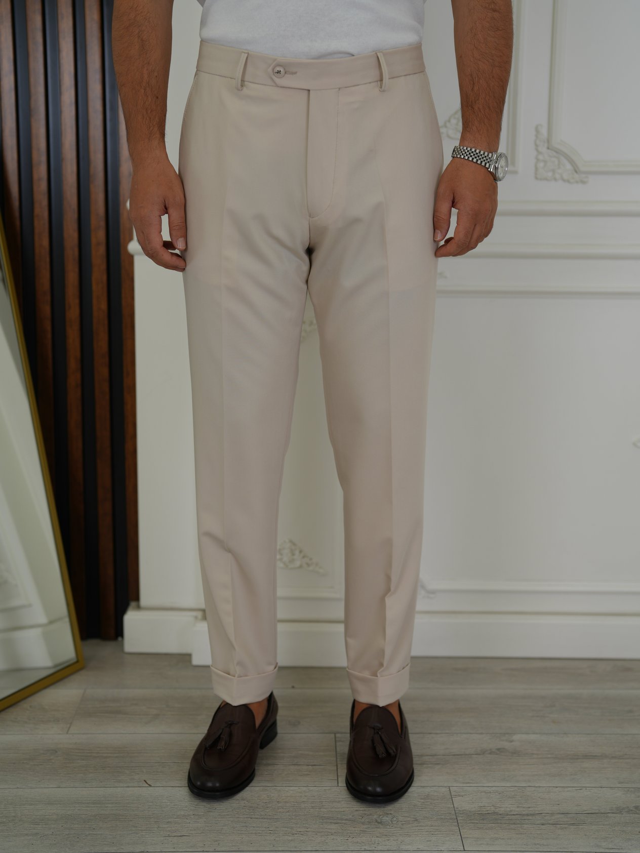 Erkek Slim Fit Yüksek Bel Duble Paça Kumaş Pantolon - Bej