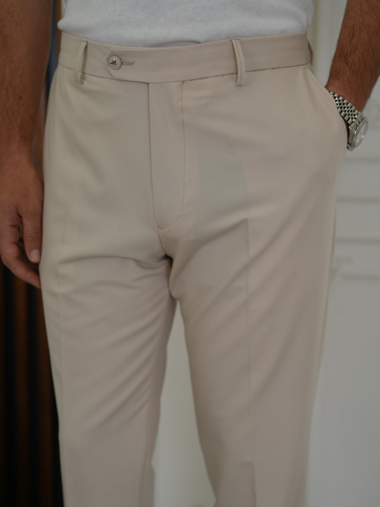 Erkek Slim Fit Yüksek Bel Duble Paça Kumaş Pantolon - Bej