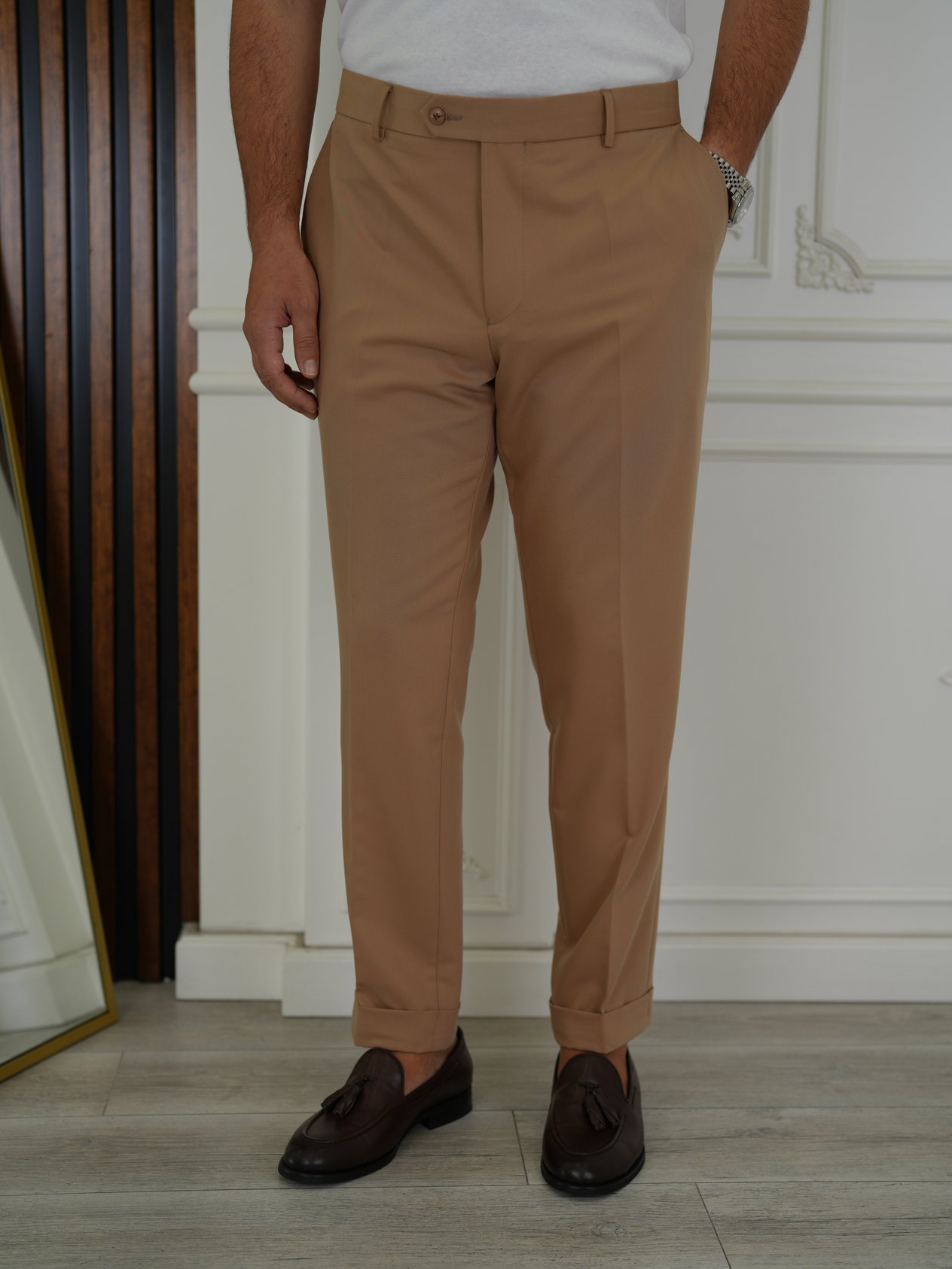 Erkek Slim Fit Yüksek Bel Duble Paça Kumaş Pantolon - Krem