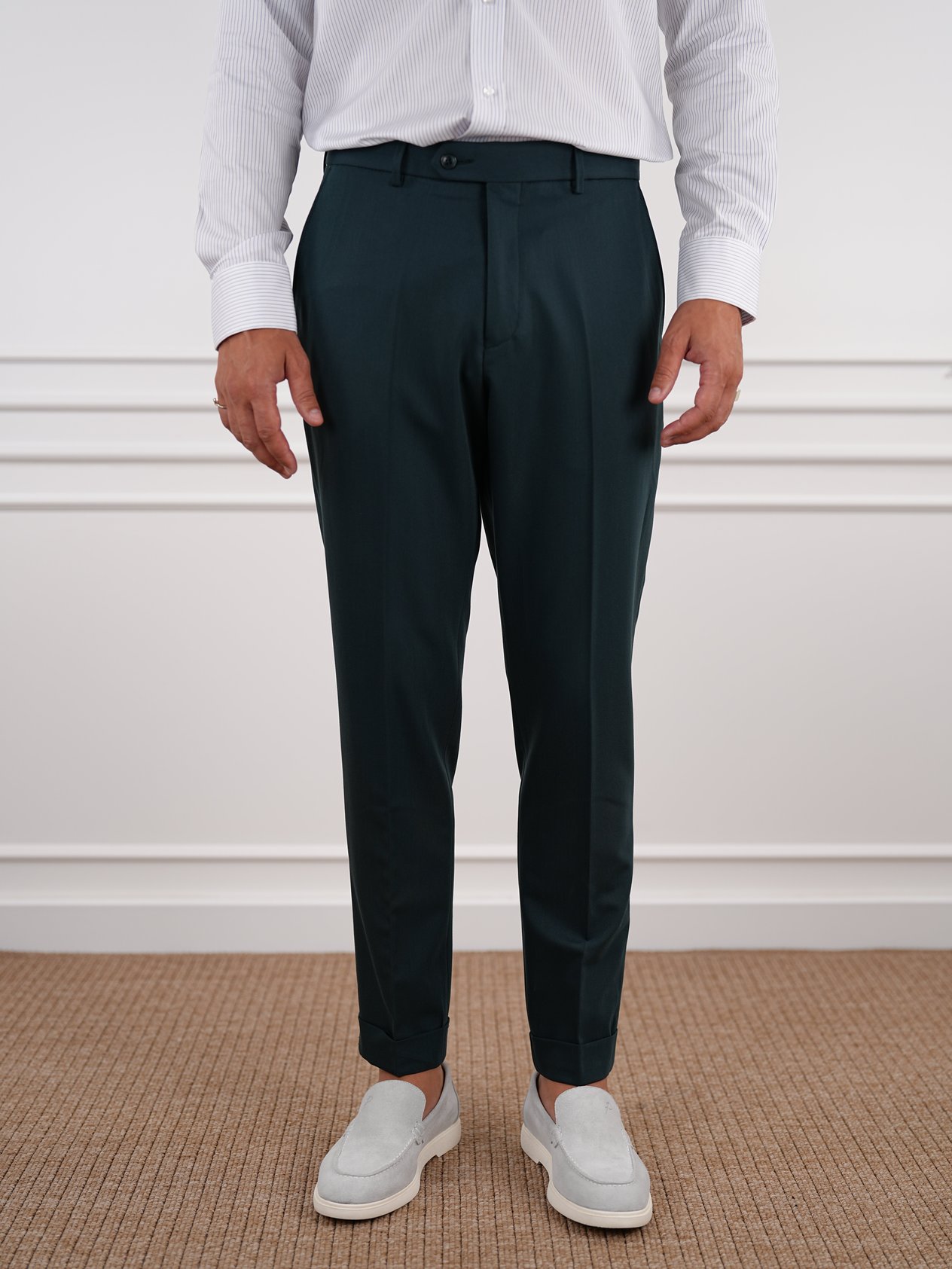 Erkek Slim Fit Yüksek Bel Duble Paça Kumaş Pantolon - Haki