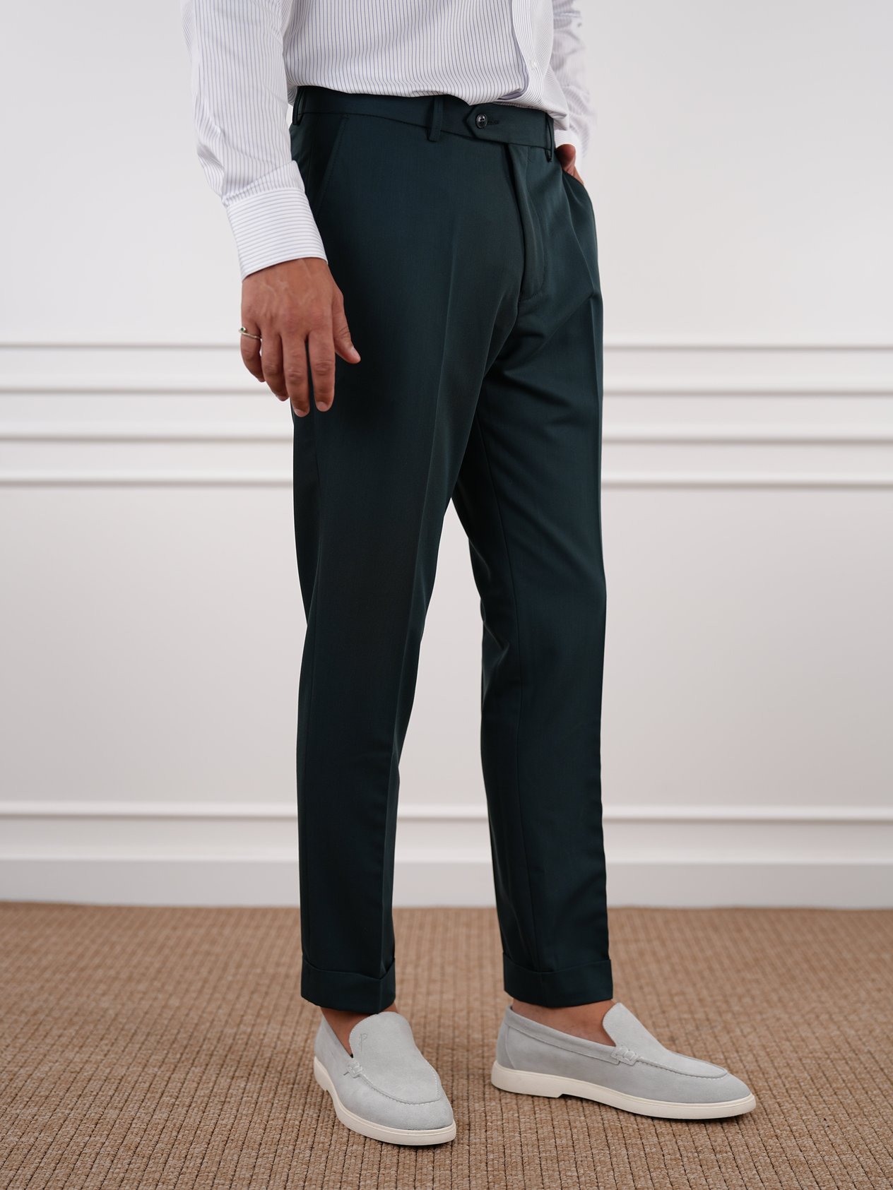 Erkek Slim Fit Yüksek Bel Duble Paça Kumaş Pantolon - Haki
