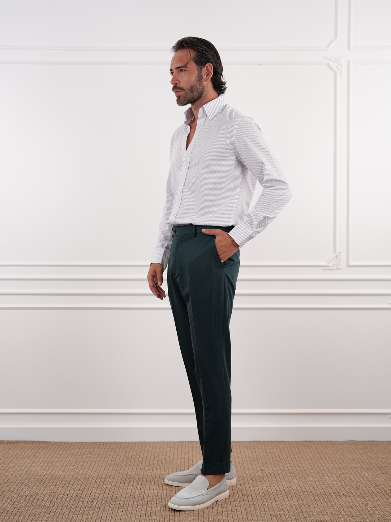 Erkek Slim Fit Yüksek Bel Duble Paça Kumaş Pantolon - Haki