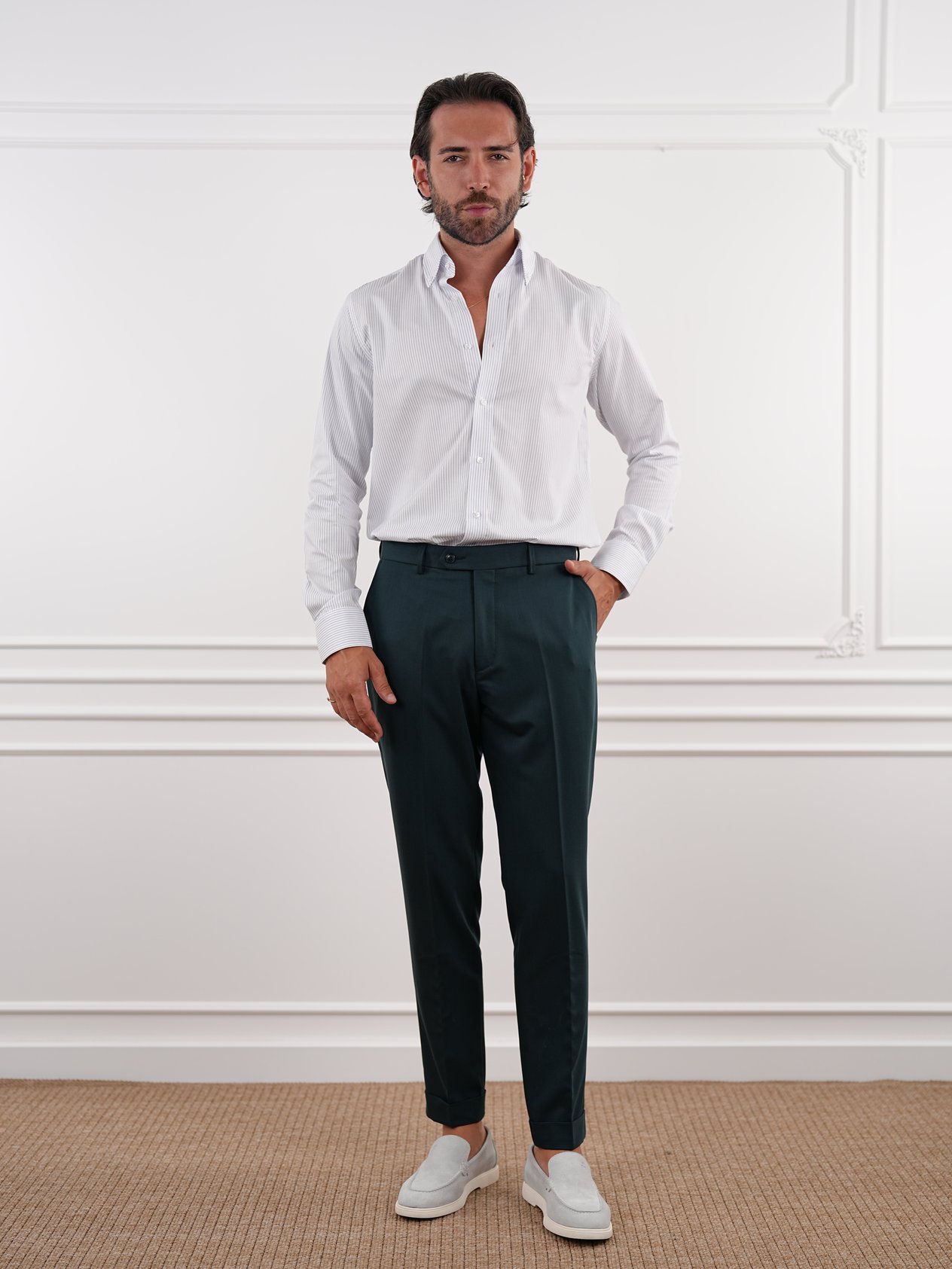 Erkek Slim Fit Yüksek Bel Duble Paça Kumaş Pantolon - Haki