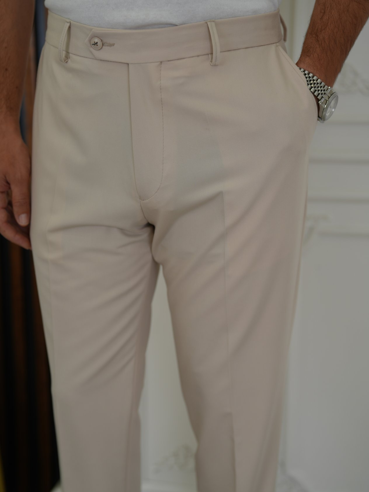 Erkek Slim Fit Yüksek Bel Duble Paça Kumaş Pantolon - Bej