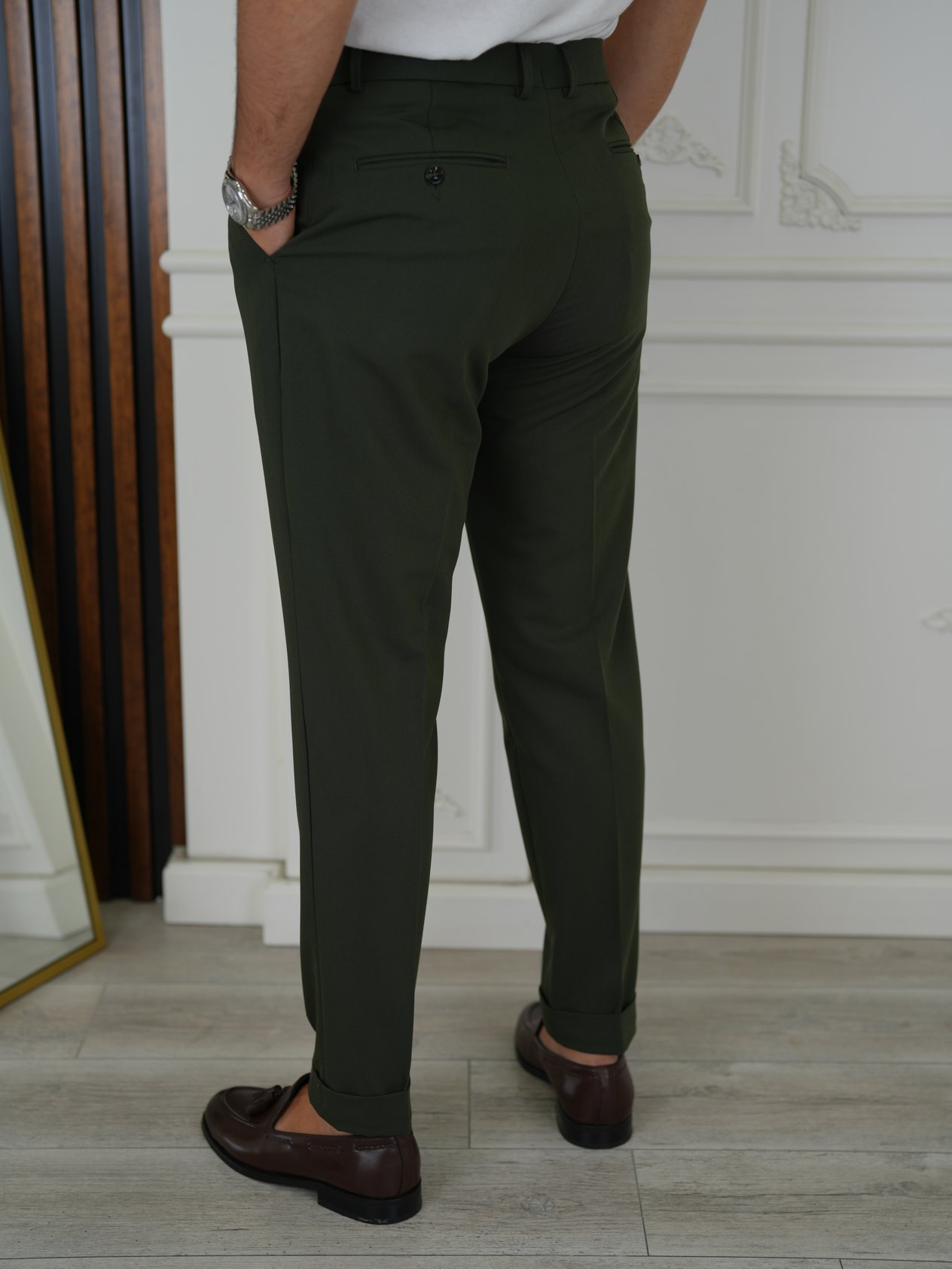 Erkek Slim Fit Yüksek Bel Duble Paça Kumaş Pantolon - Haki