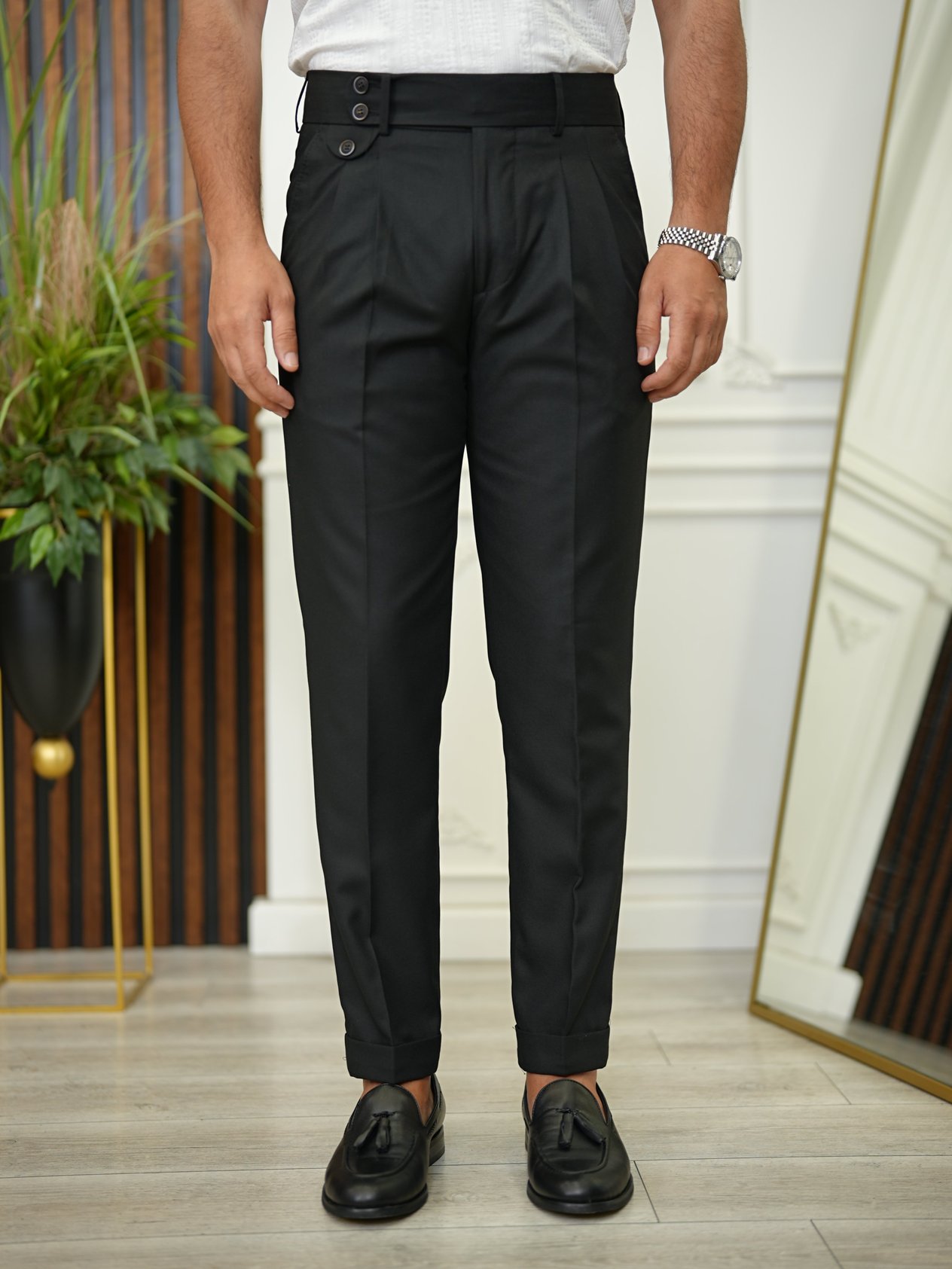 Erkek Slim Fit Yüksek Bel Duble Paça  Piliseli Kumaş Pantolon - Siyah
