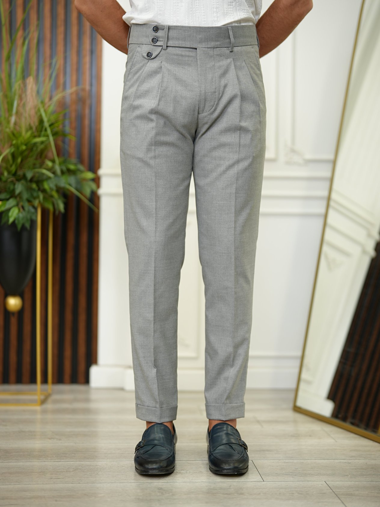 Erkek Slim Fit Yüksek Bel Duble Paça  Piliseli Kumaş Pantolon - Gri