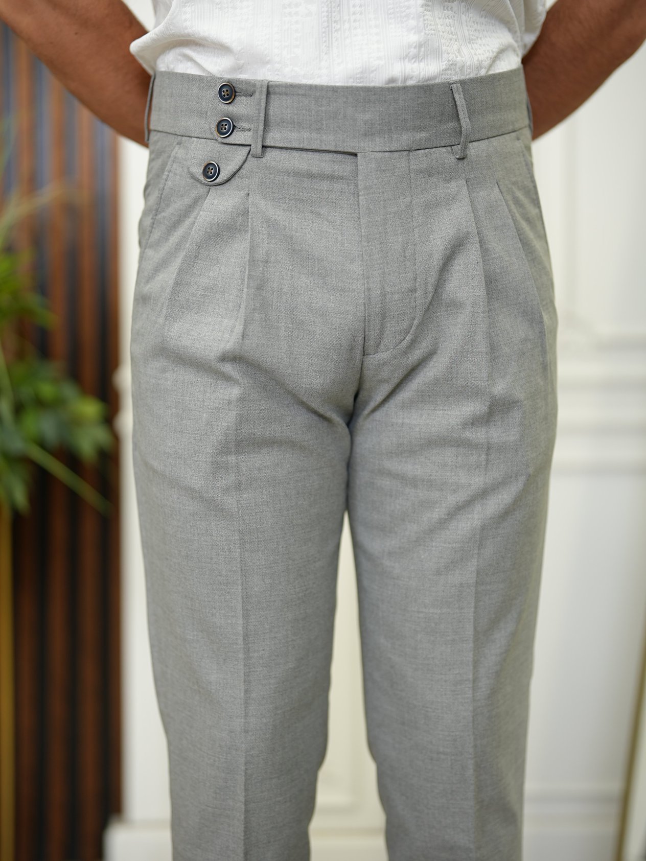 Erkek Slim Fit Yüksek Bel Duble Paça  Piliseli Kumaş Pantolon - Gri