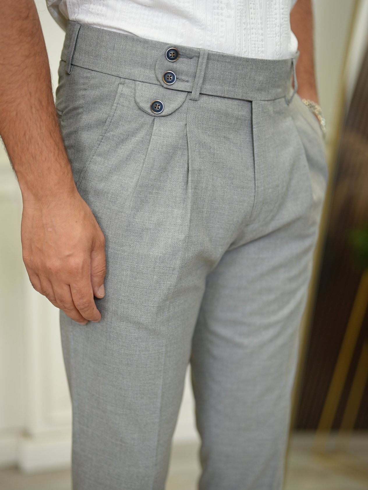 Erkek Slim Fit Yüksek Bel Duble Paça  Piliseli Kumaş Pantolon - Gri