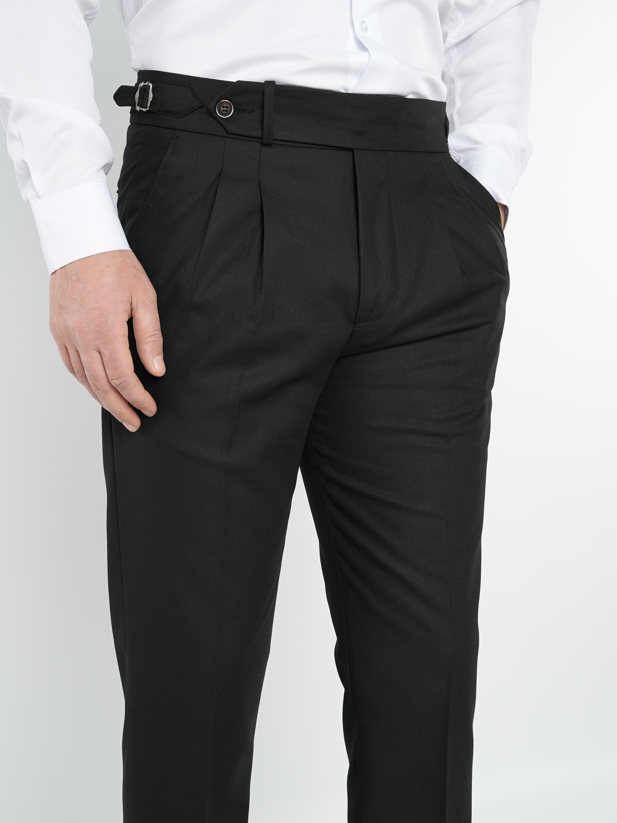 Erkek Slim Fit Yüksek Bel Duble Paça Tokalı  Piliseli Kumaş Pantolon - Siyah