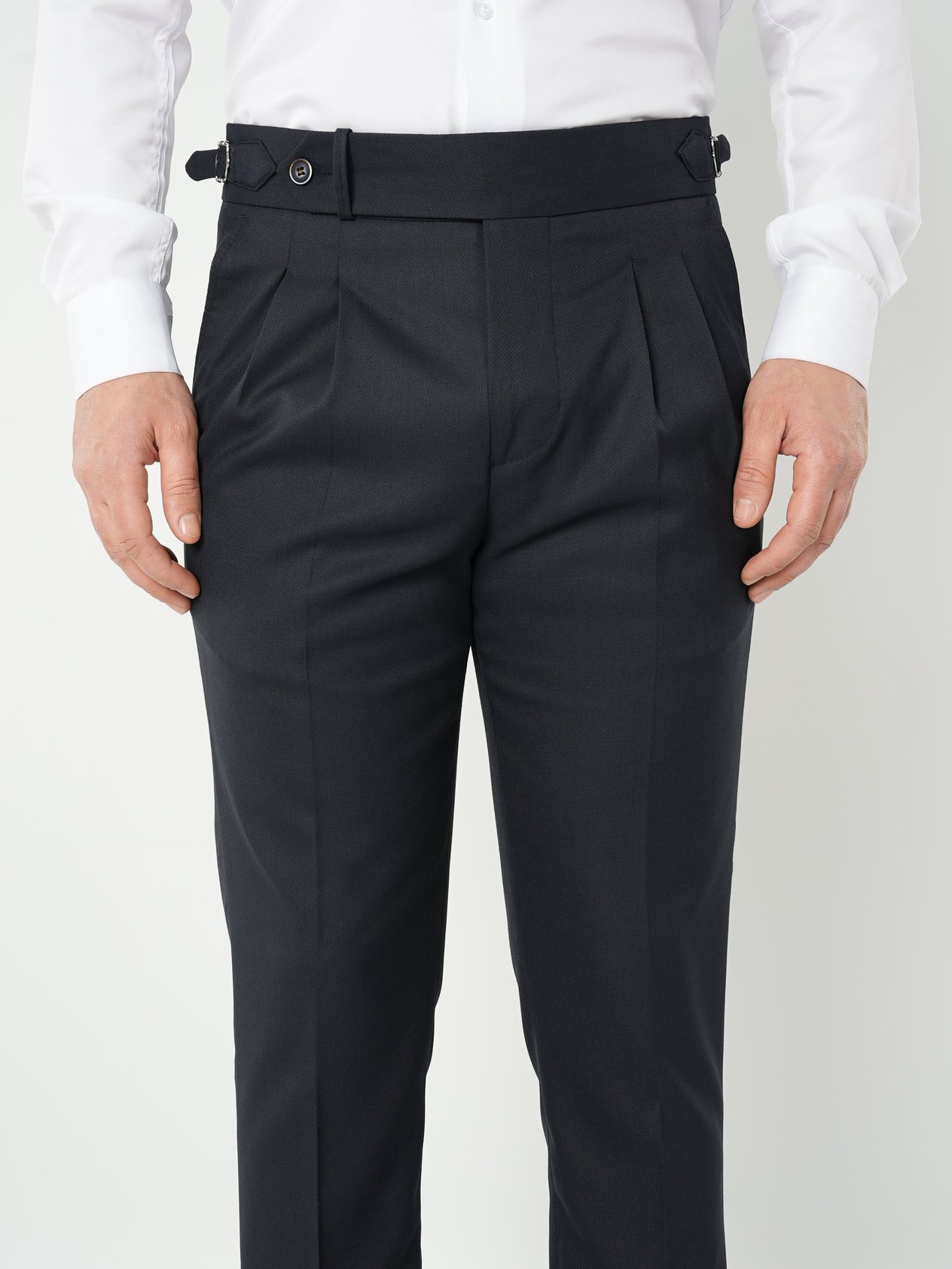 Erkek Slim Fit Yüksek Bel Duble Paça Tokalı  Piliseli Kumaş Pantolon - Lacivert