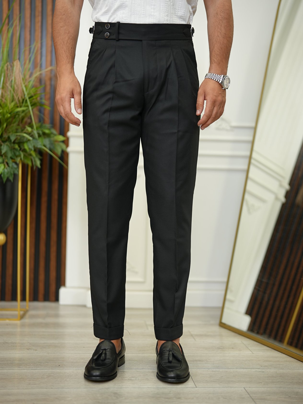 Erkek Slim Fit Yüksek Bel Duble Paça Tokalı  Piliseli Kumaş Pantolon - Siyah