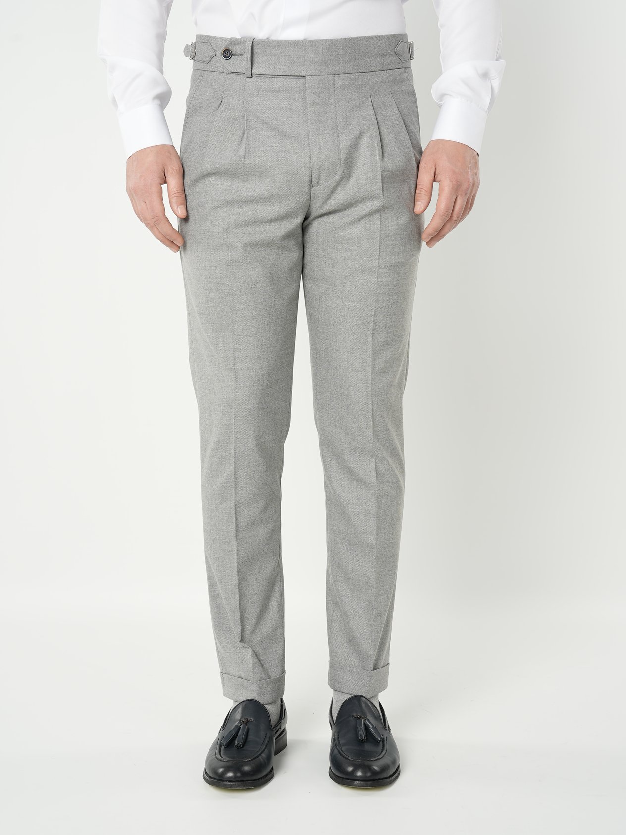 Erkek Slim Fit Yüksek Bel Duble Paça Tokalı  Piliseli Kumaş Pantolon - Gri