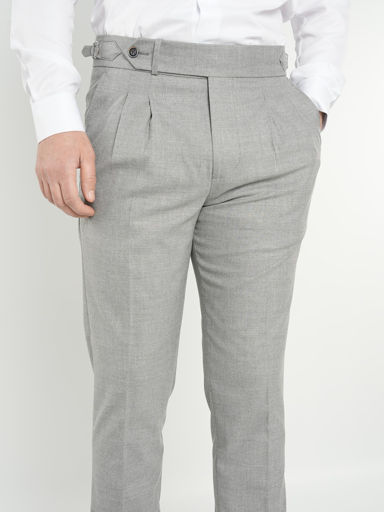 Erkek Slim Fit Yüksek Bel Duble Paça Tokalı  Piliseli Kumaş Pantolon - Gri
