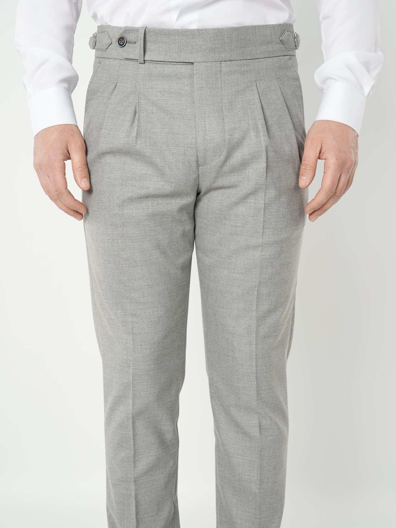 Erkek Slim Fit Yüksek Bel Duble Paça Tokalı  Piliseli Kumaş Pantolon - Gri
