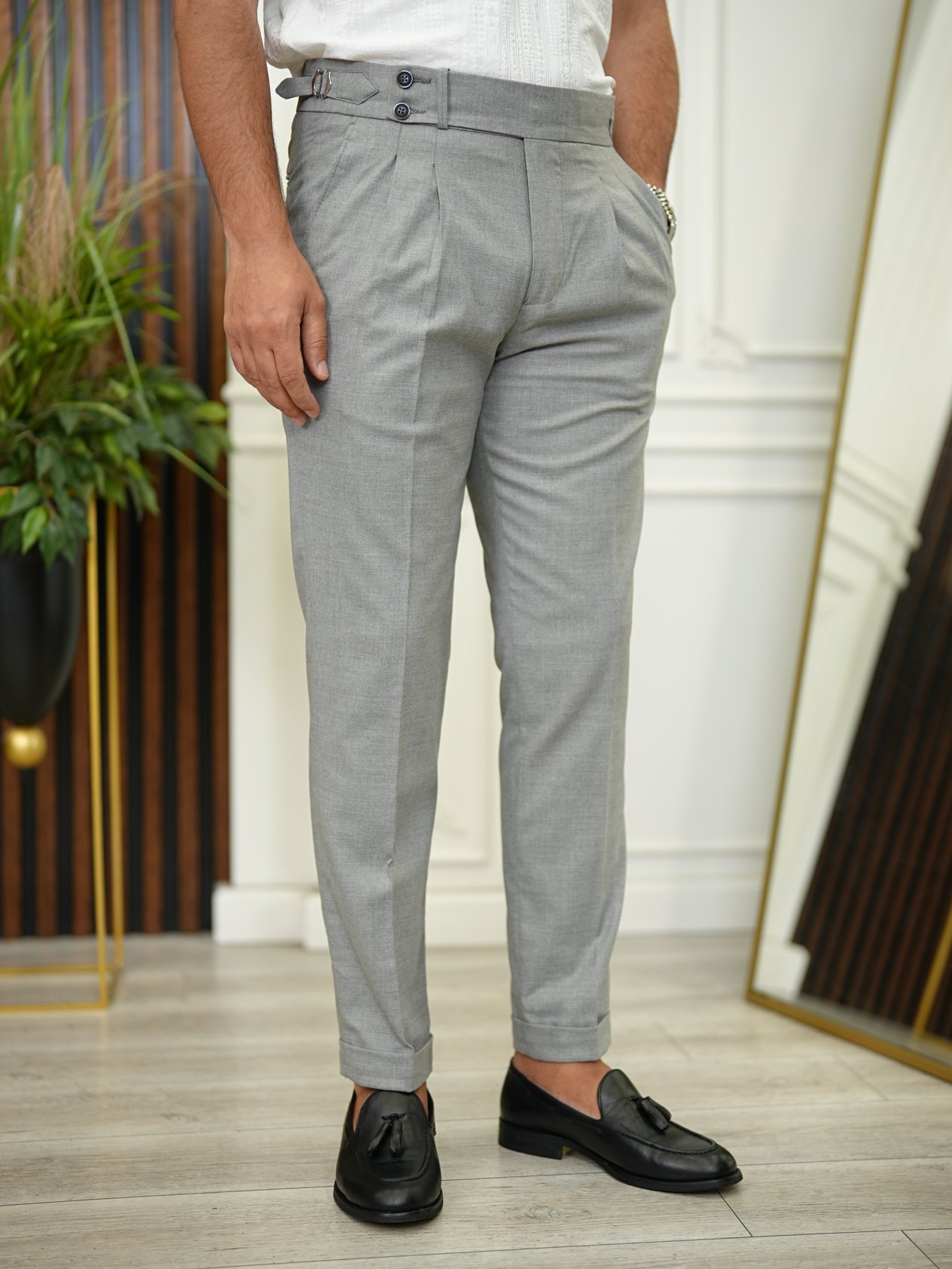 Erkek Slim Fit Yüksek Bel Duble Paça Tokalı  Piliseli Kumaş Pantolon - Gri