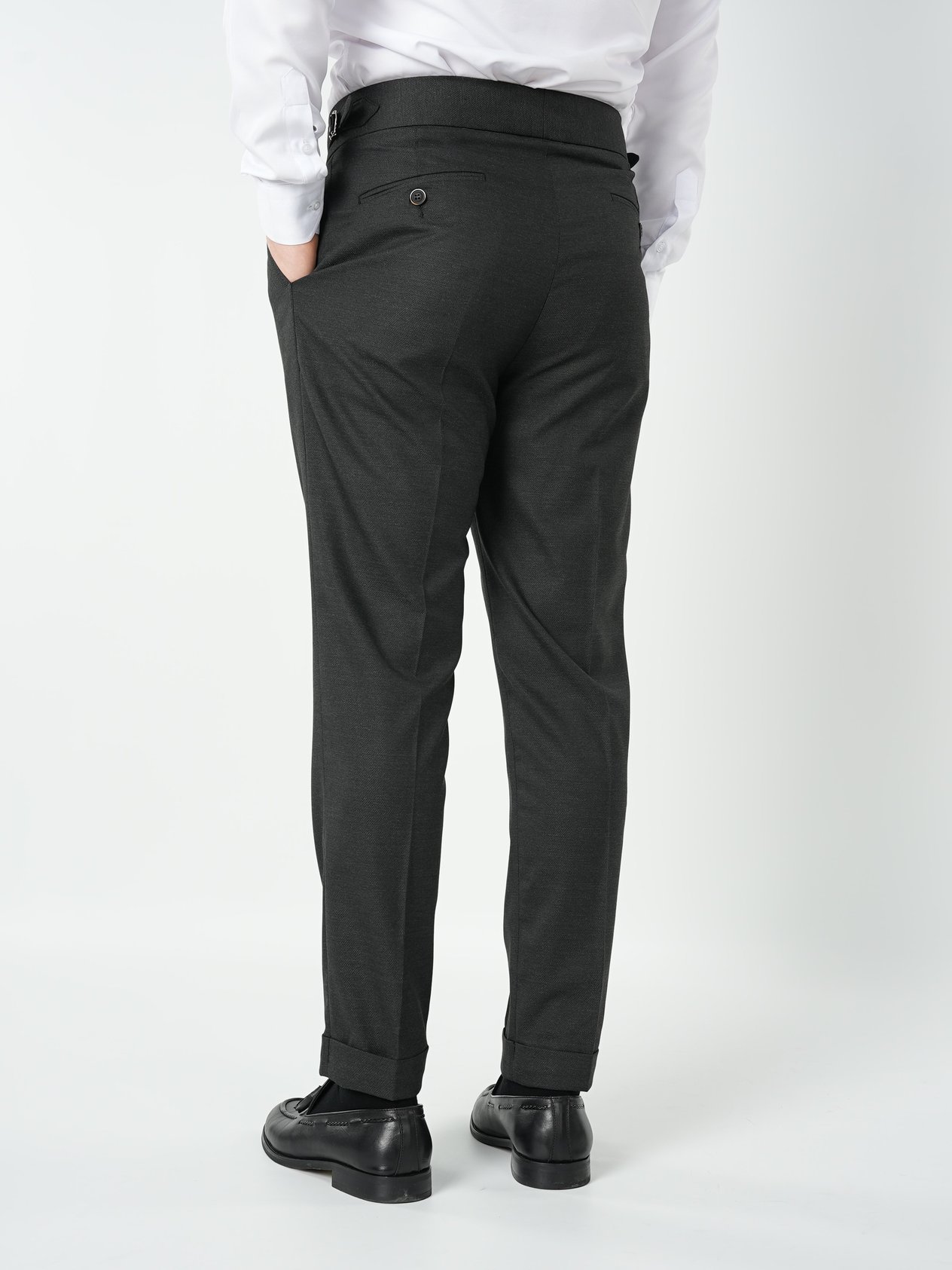 Erkek Slim Fit Yüksek Bel Duble Paça Tokalı  Piliseli Kumaş Pantolon - Füme