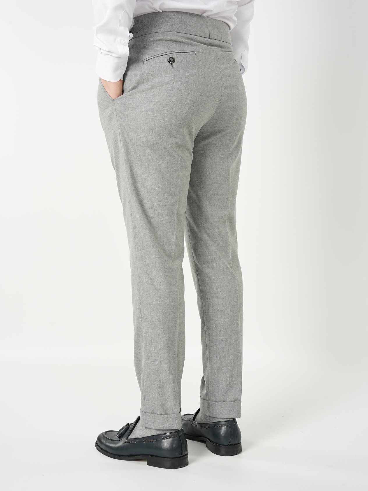 Erkek Slim Fit Yüksek Bel Duble Paça Tokalı  Piliseli Kumaş Pantolon - Gri