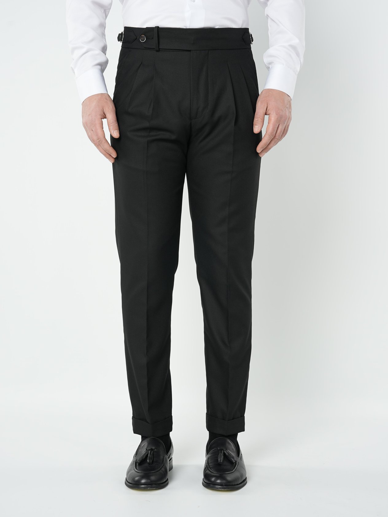 Erkek Slim Fit Yüksek Bel Duble Paça Tokalı  Piliseli Kumaş Pantolon - Siyah