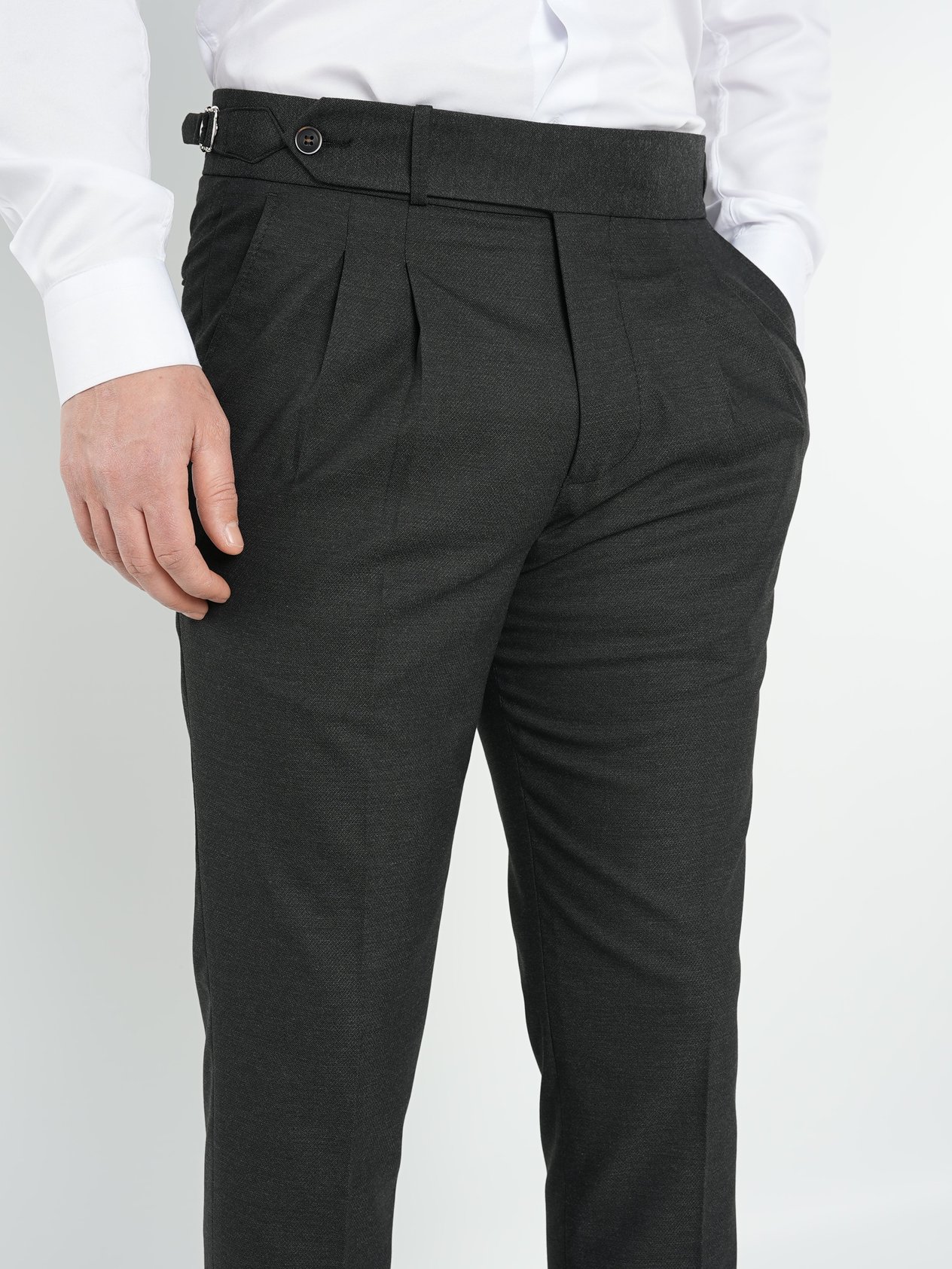 Erkek Slim Fit Yüksek Bel Duble Paça Tokalı  Piliseli Kumaş Pantolon - Füme