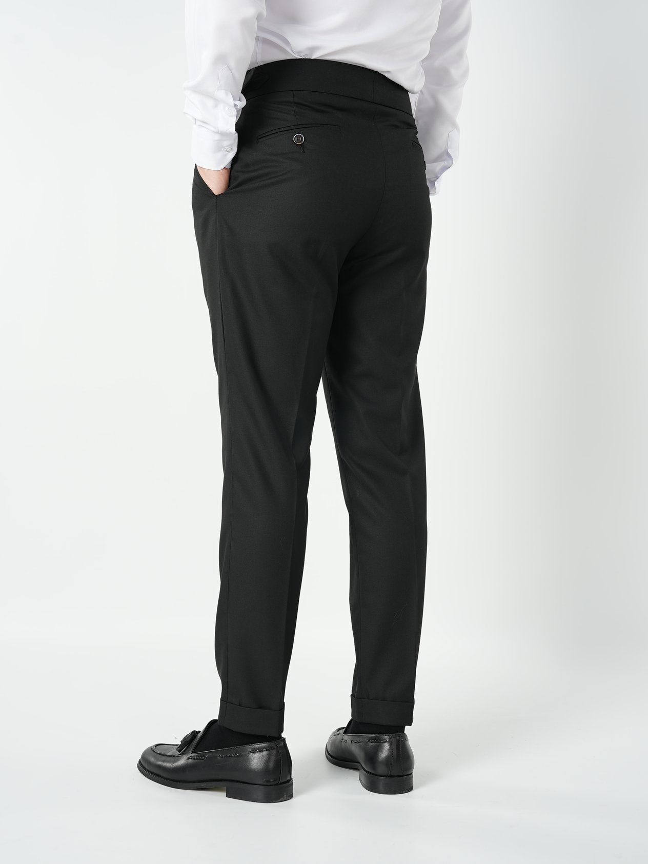 Erkek Slim Fit Yüksek Bel Duble Paça Tokalı  Piliseli Kumaş Pantolon - Siyah