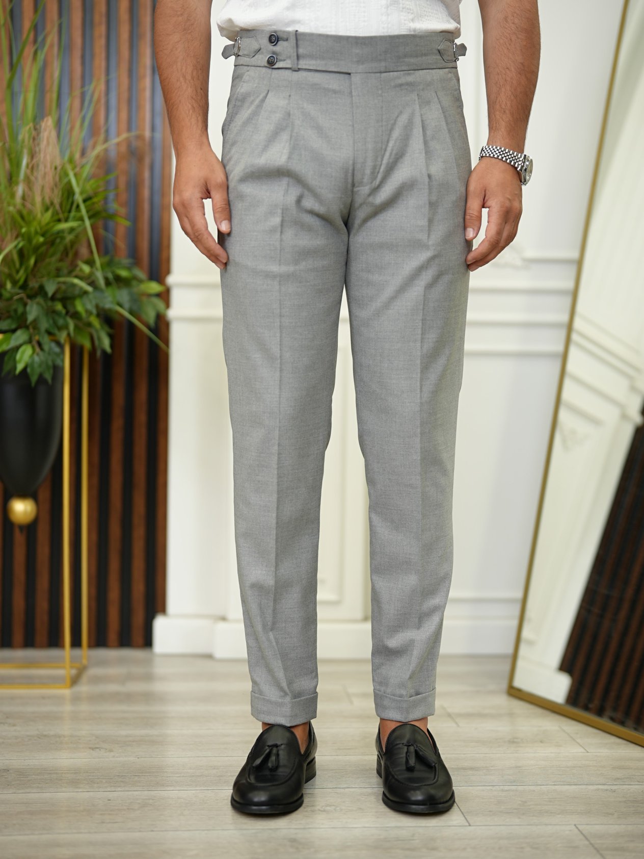 Erkek Slim Fit Yüksek Bel Duble Paça Tokalı  Piliseli Kumaş Pantolon - Gri
