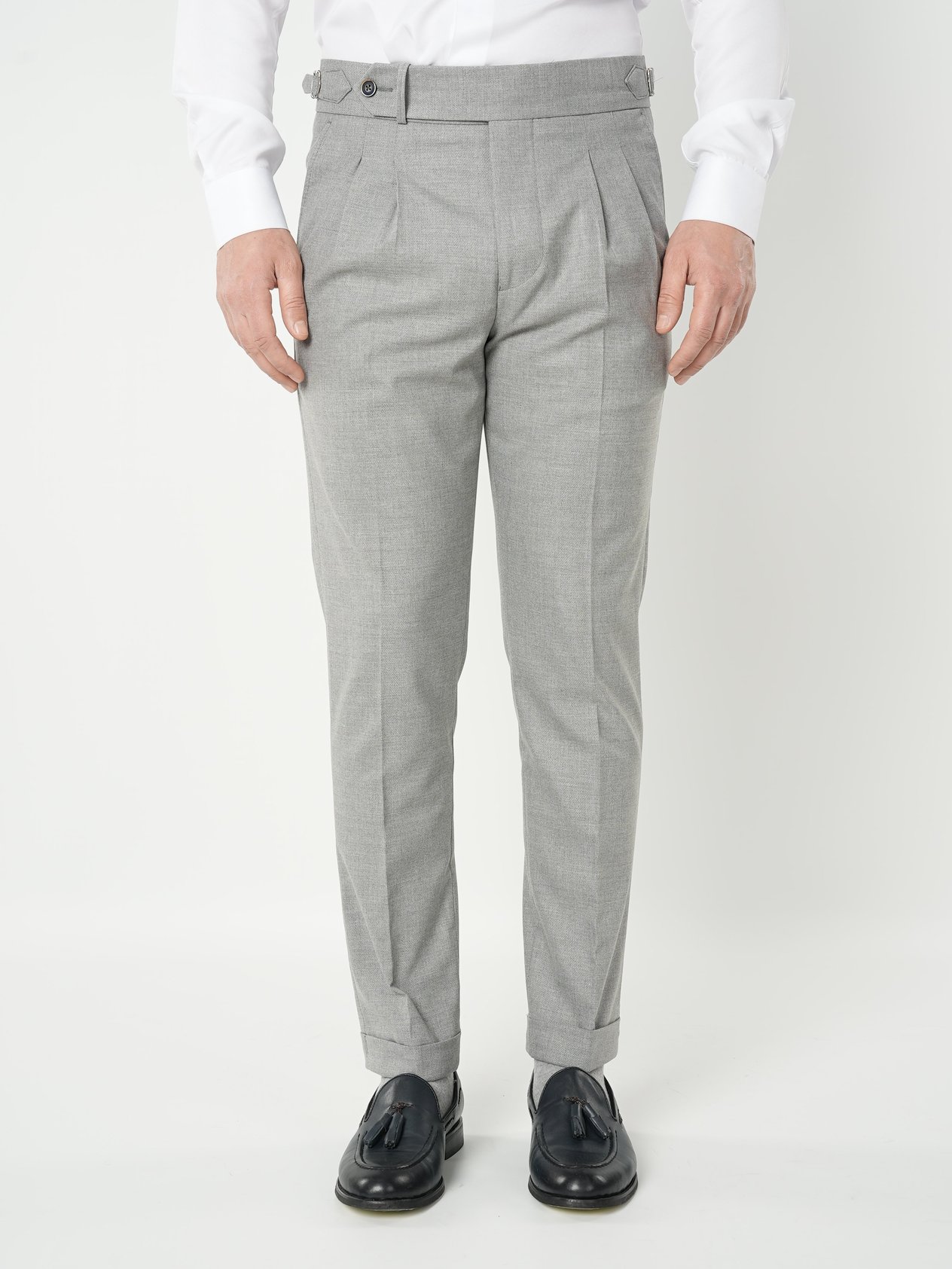 Erkek Slim Fit Yüksek Bel Duble Paça Tokalı  Piliseli Kumaş Pantolon - Gri