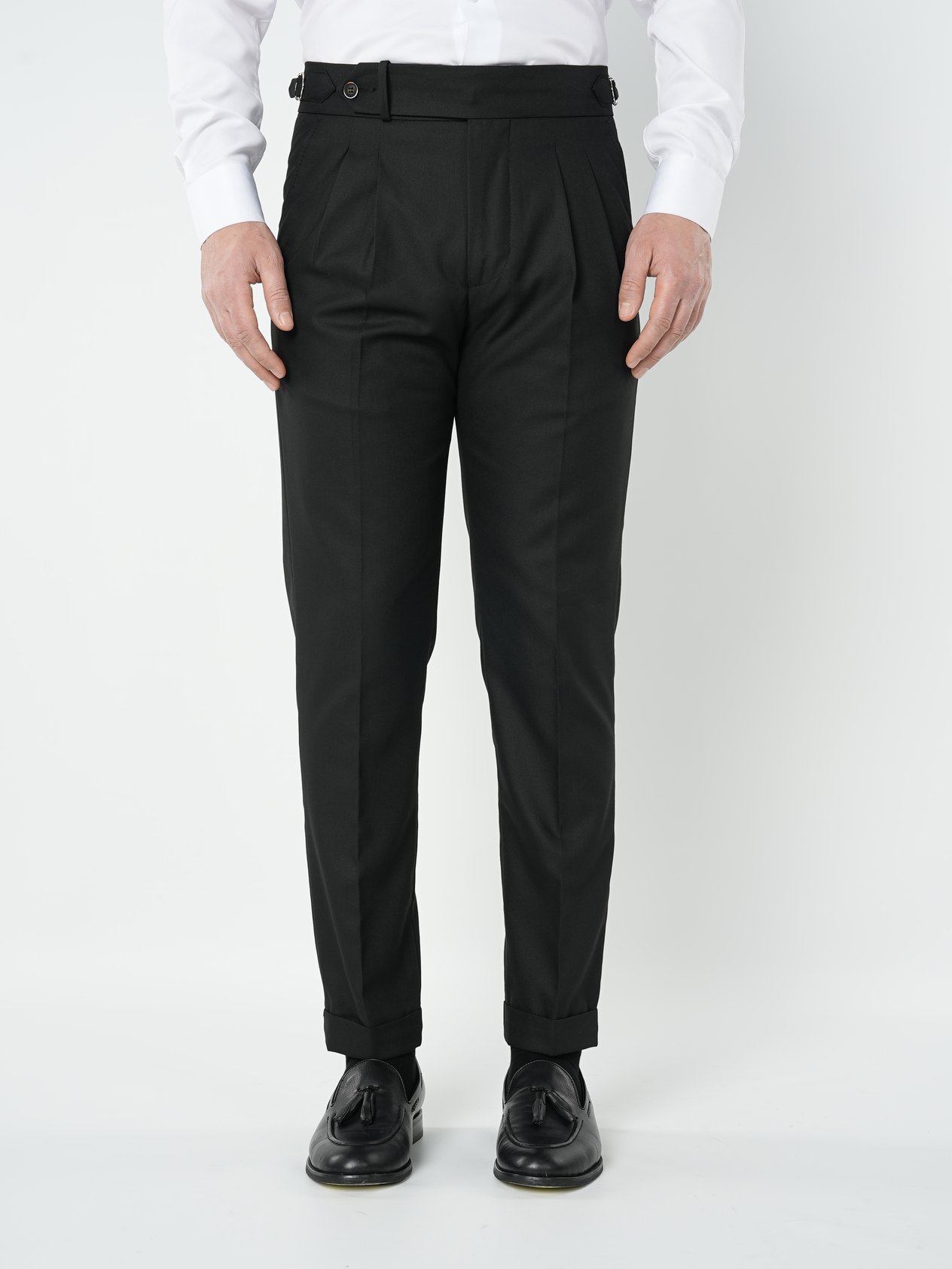Erkek Slim Fit Yüksek Bel Duble Paça Tokalı  Piliseli Kumaş Pantolon - Siyah
