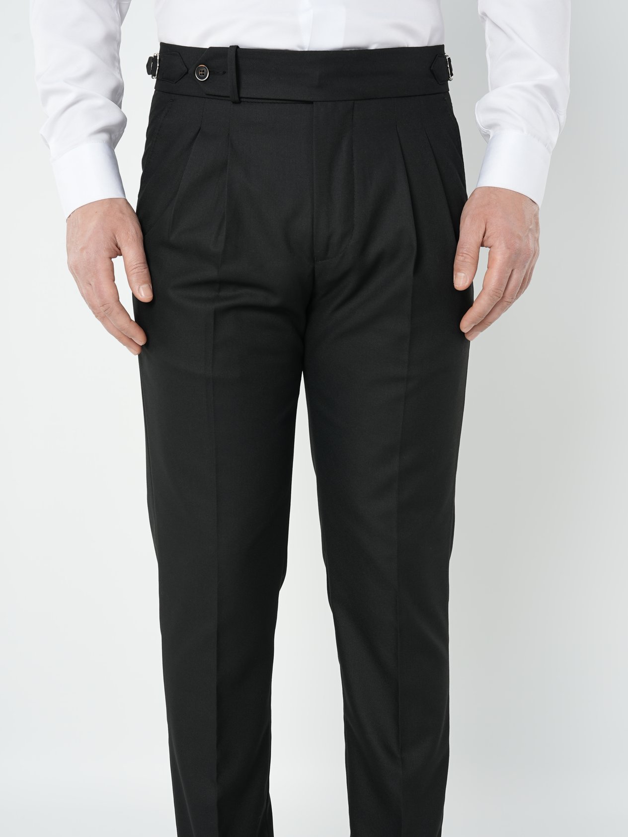 Erkek Slim Fit Yüksek Bel Duble Paça Tokalı  Piliseli Kumaş Pantolon - Siyah