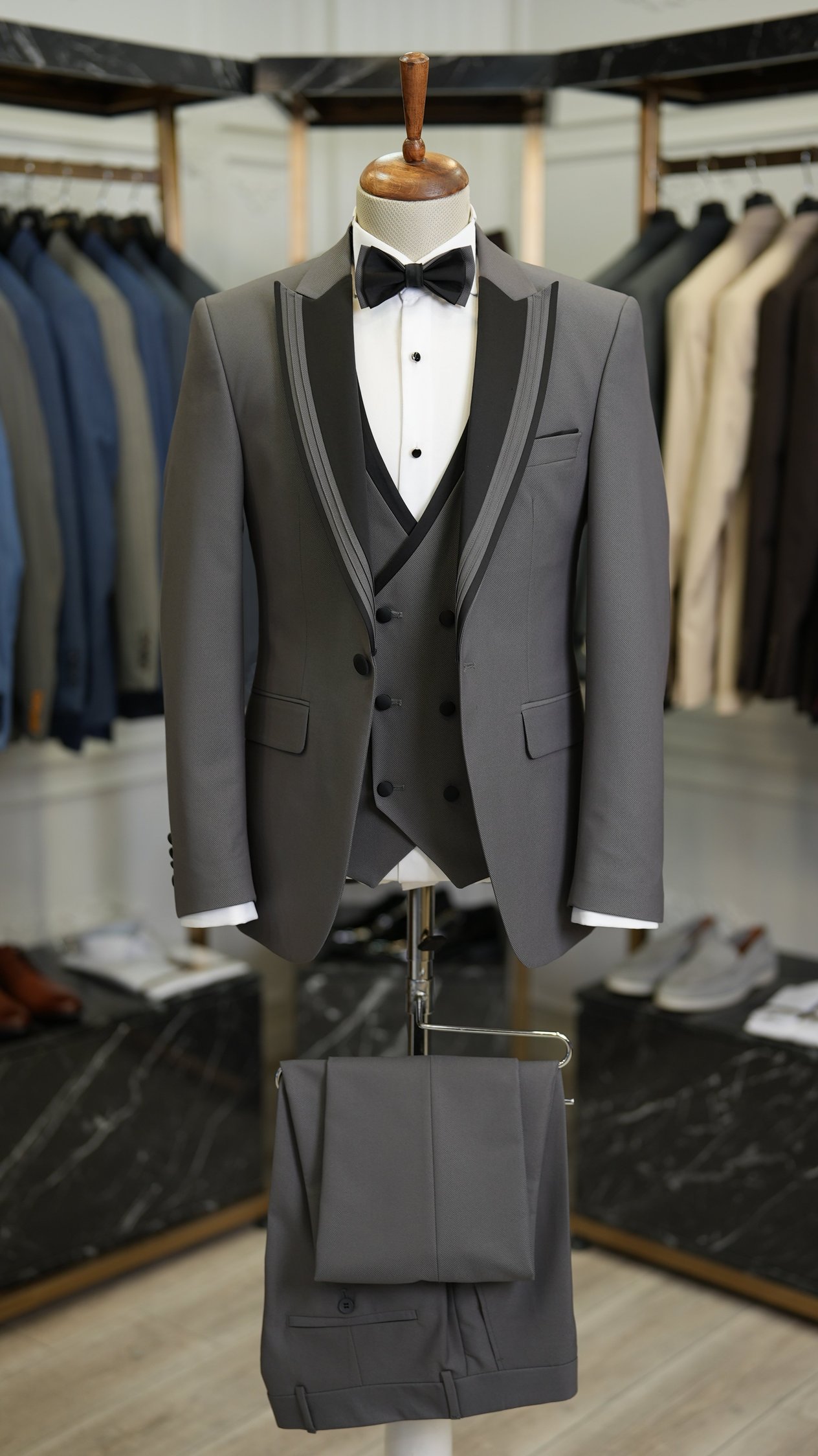 Erkek Smokin Damatlık Kırlangıç Yaka İtalyan Stil Slim Fit Ceket Yelek Pantolon Papyon-Gri