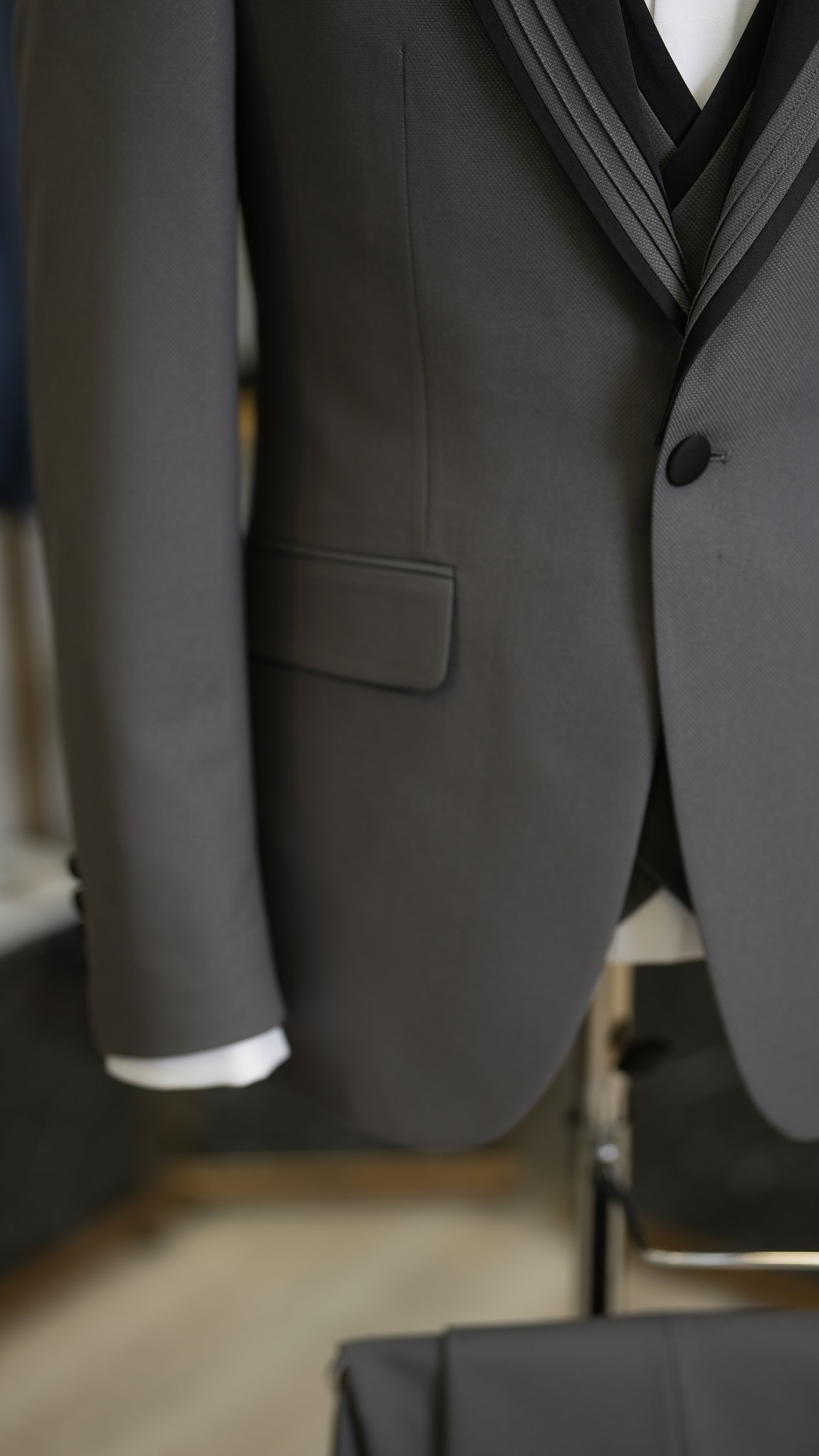 Erkek Smokin Damatlık Kırlangıç Yaka İtalyan Stil Slim Fit Ceket Yelek Pantolon Papyon-Gri