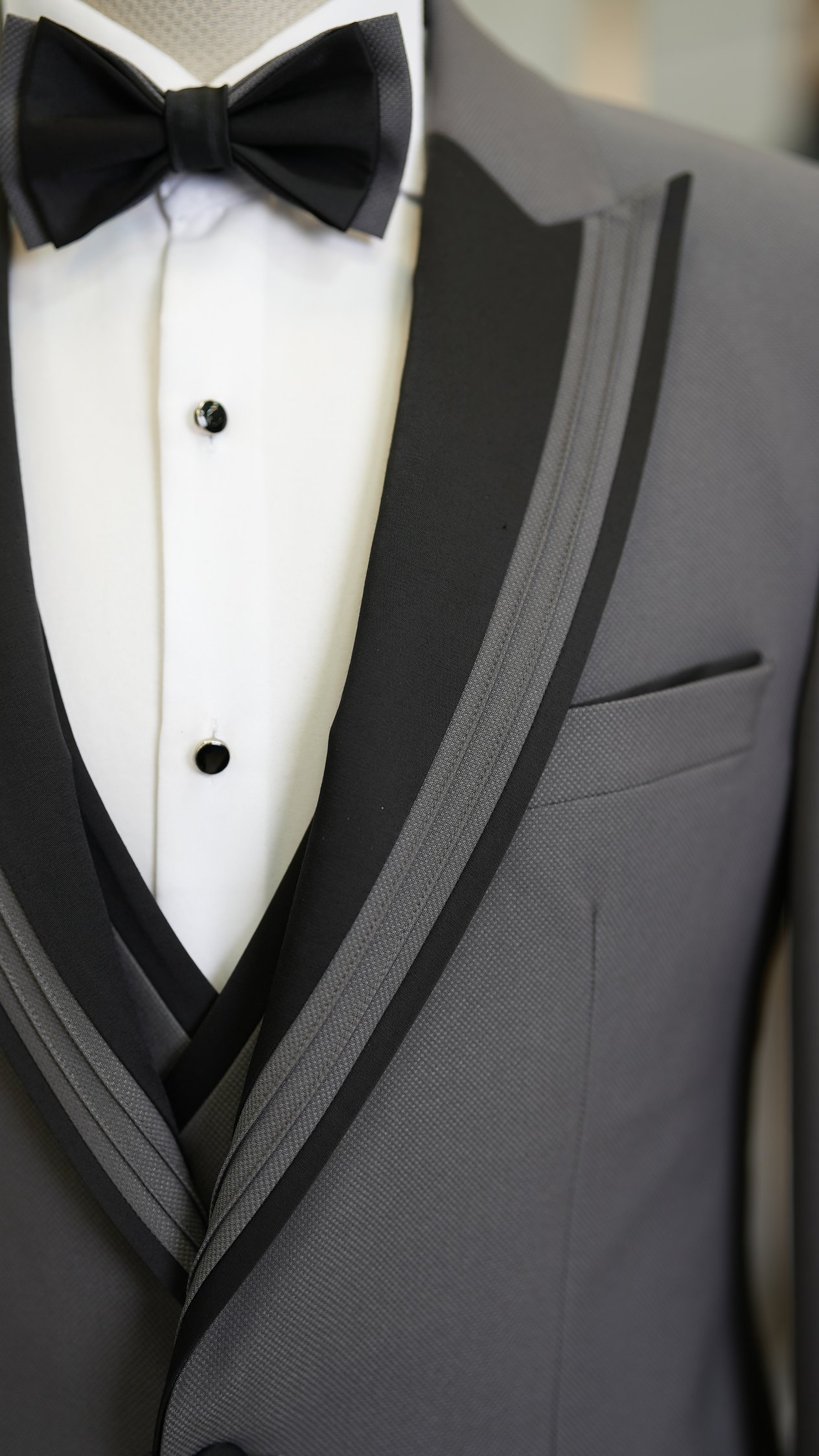 Erkek Smokin Damatlık Kırlangıç Yaka İtalyan Stil Slim Fit Ceket Yelek Pantolon Papyon-Gri