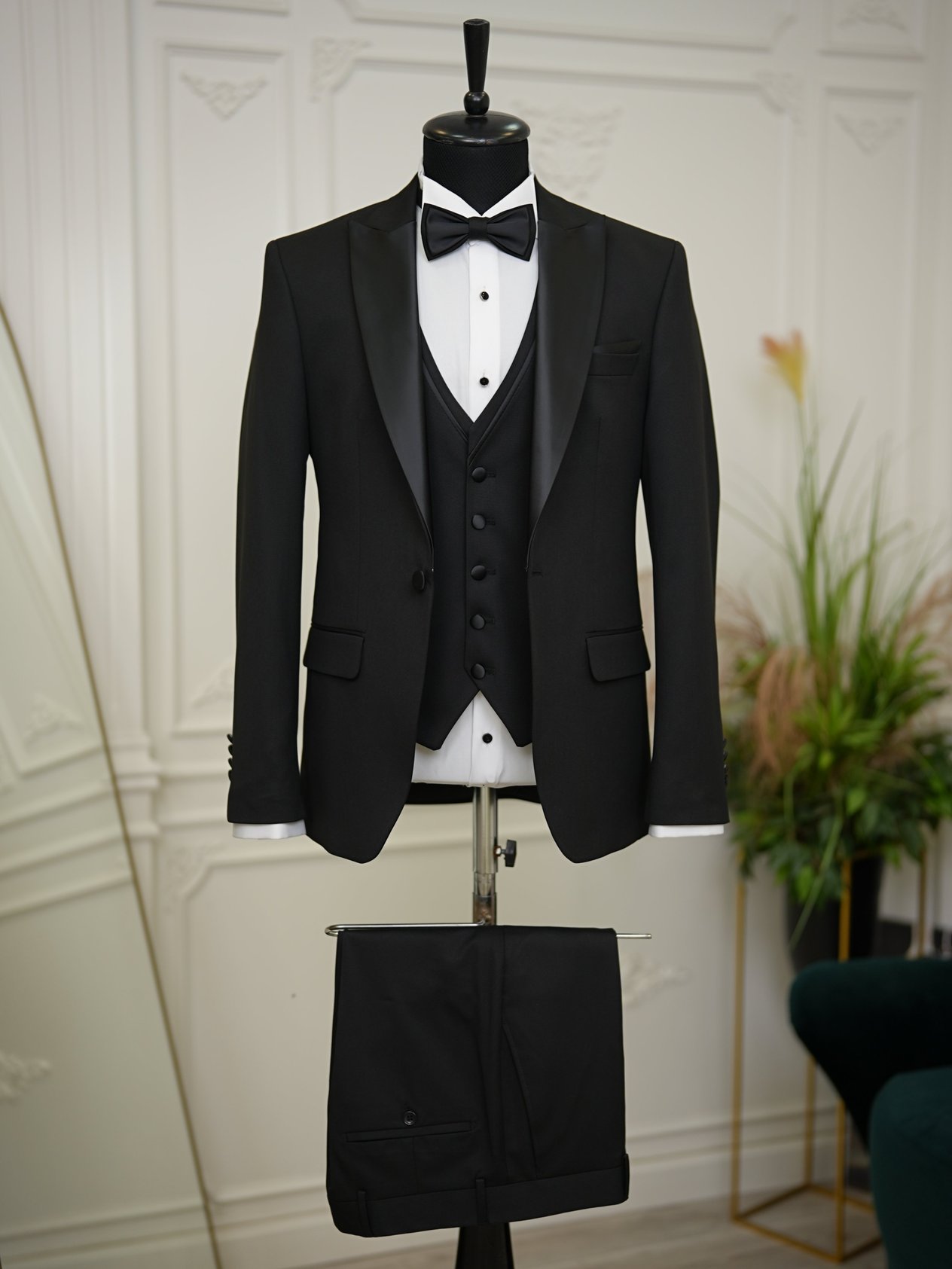 Erkek Smokin Damatlık Kırlangıç Yaka İtalyan Stil Slim Fit Ceket Yelek Pantolon Papyon-Siyah-Siyah