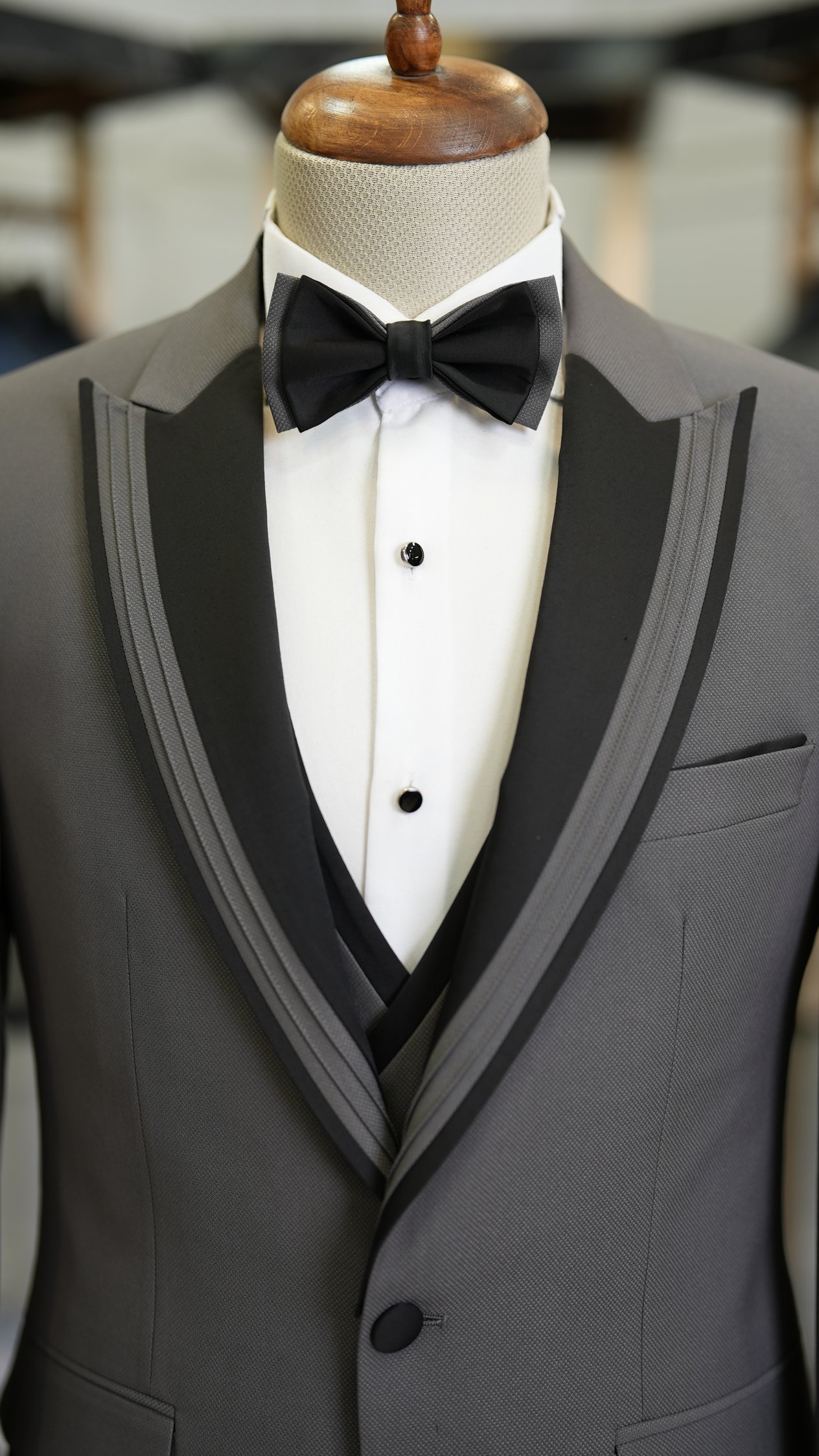 Erkek Smokin Damatlık Kırlangıç Yaka İtalyan Stil Slim Fit Ceket Yelek Pantolon Papyon-Gri