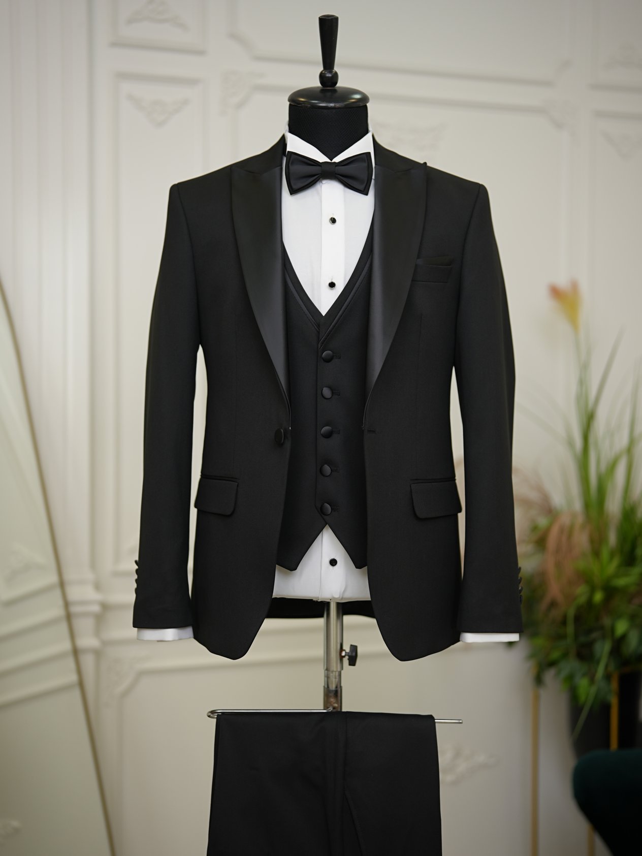 Erkek Smokin Damatlık Kırlangıç Yaka İtalyan Stil Slim Fit Ceket Yelek Pantolon Papyon-Siyah-Siyah