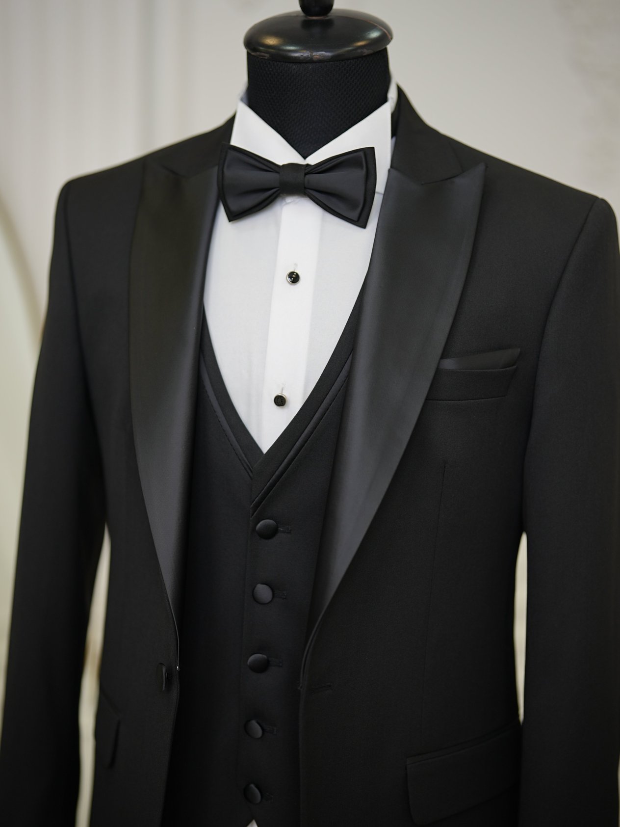 Erkek Smokin Damatlık Kırlangıç Yaka İtalyan Stil Slim Fit Ceket Yelek Pantolon Papyon-Siyah-Siyah