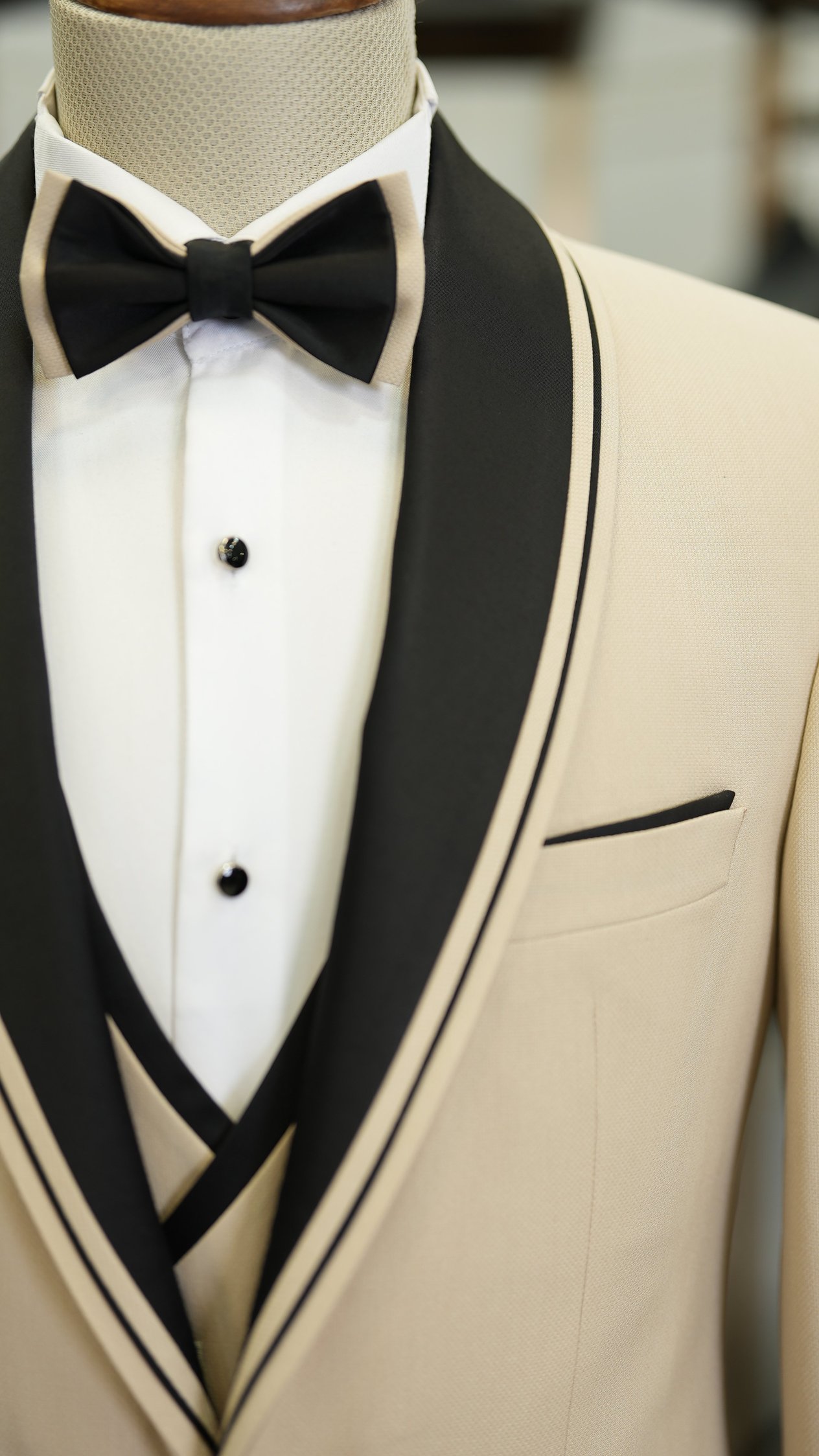 Erkek Smokin Damatlık Şal Yaka İtalyan Kesim Slim Fit Ceket Yelek Pantolon Papyon-Bej