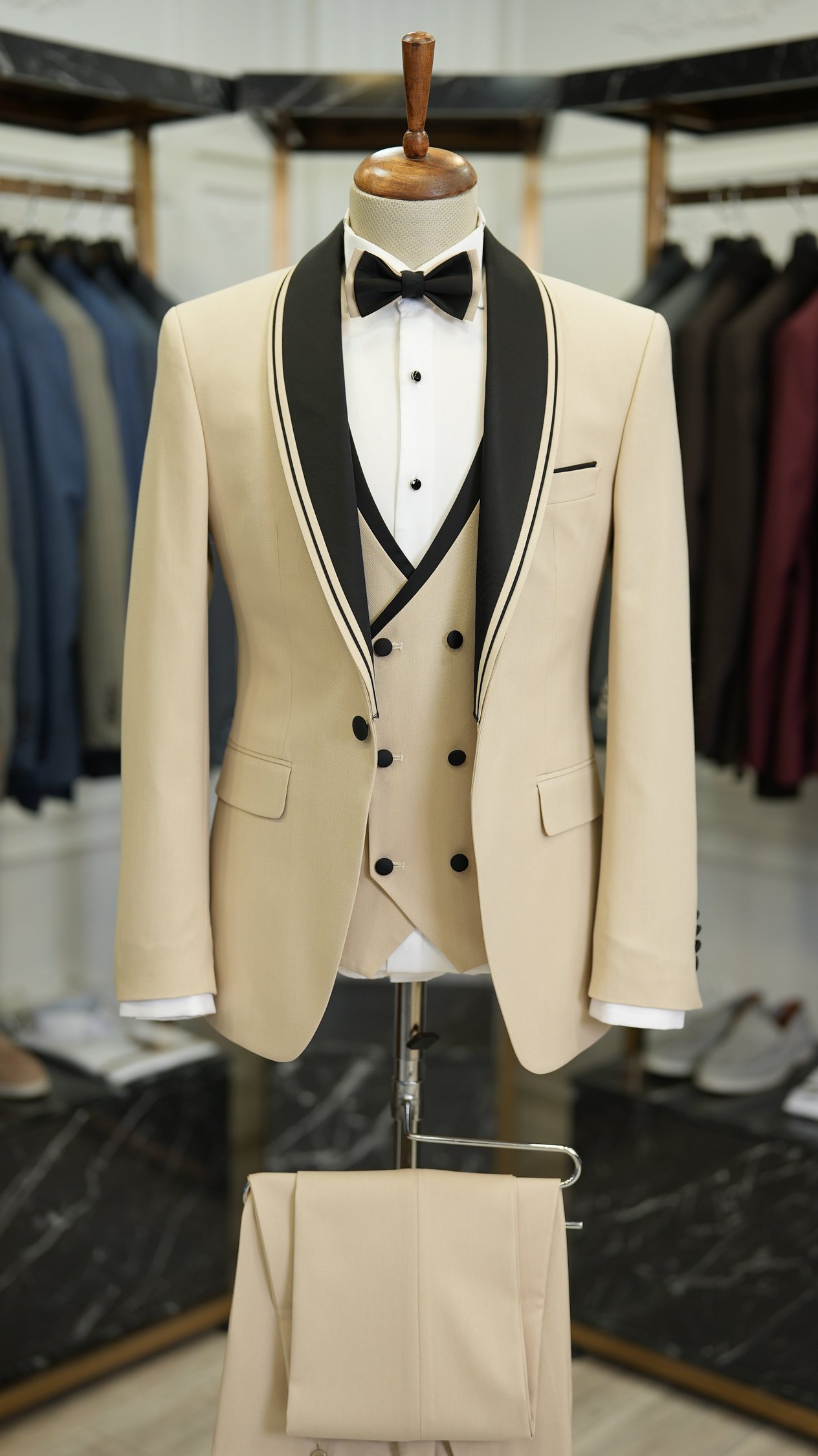 Erkek Smokin Damatlık Şal Yaka İtalyan Kesim Slim Fit Ceket Yelek Pantolon Papyon-Bej