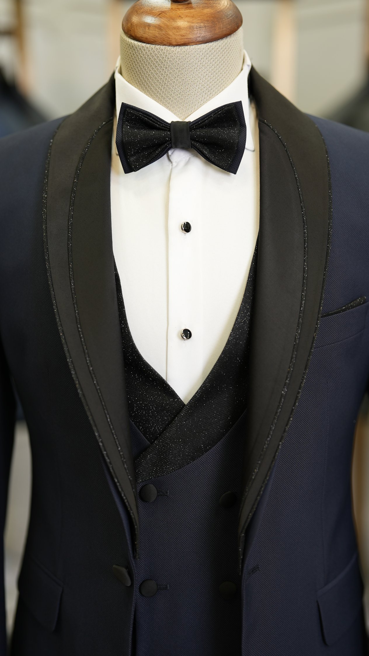 Erkek Smokin Damatlık Simli Şal Yaka İtalyan Stil Slim Fit Ceket Yelek Pantolon Papyon-Lacivert