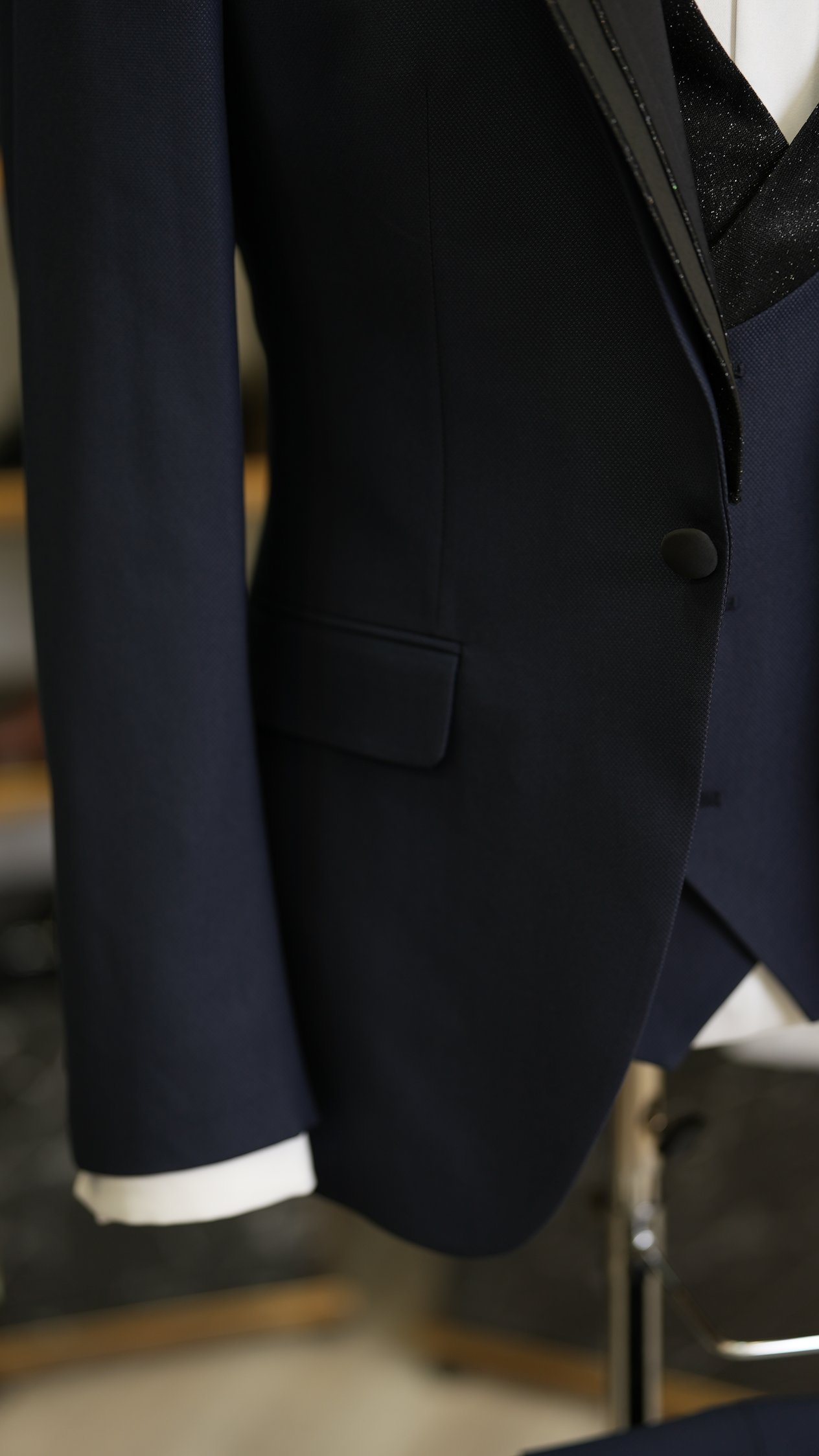 Erkek Smokin Damatlık Simli Şal Yaka İtalyan Stil Slim Fit Ceket Yelek Pantolon Papyon-Lacivert