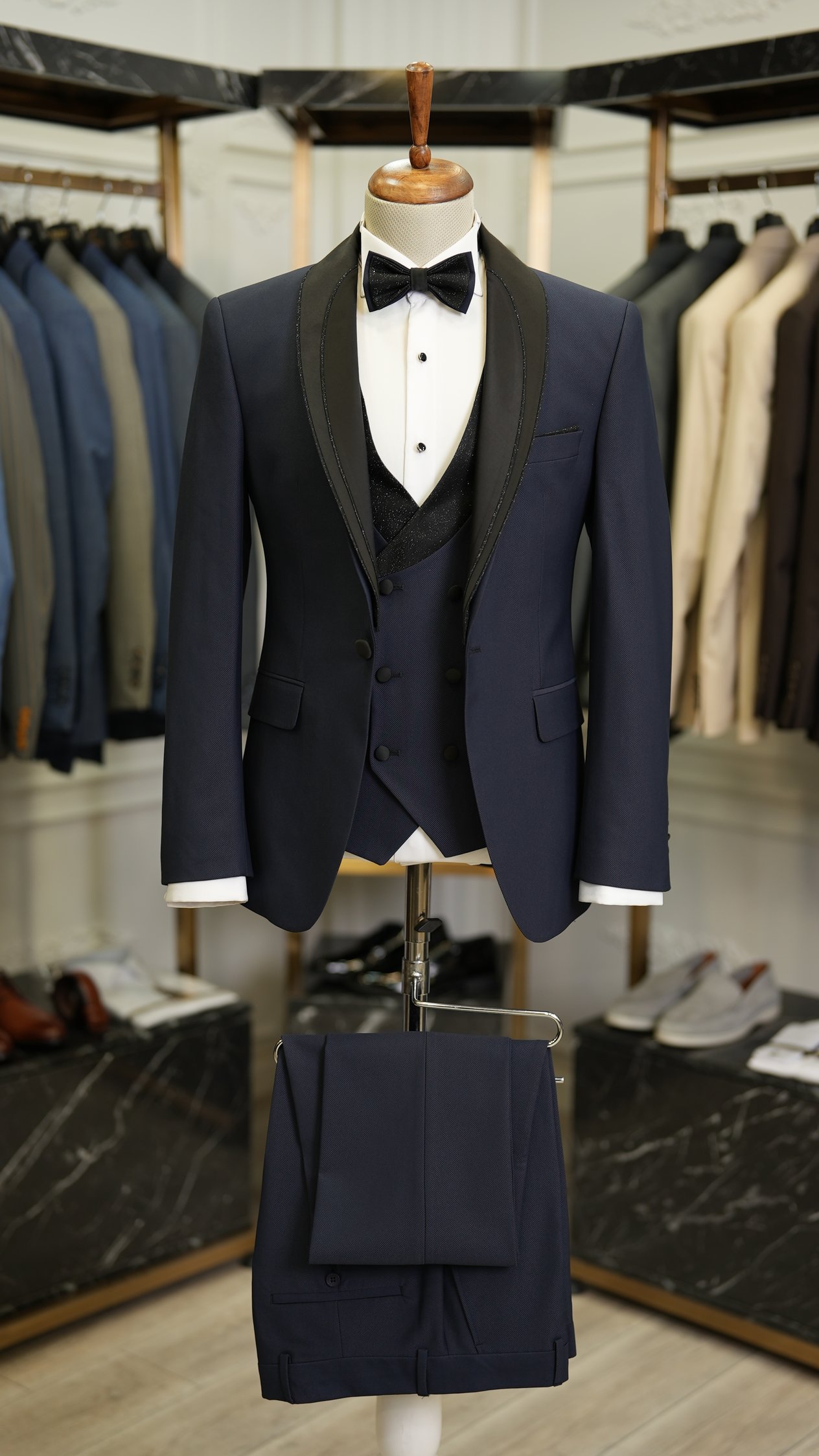 Erkek Smokin Damatlık Simli Şal Yaka İtalyan Stil Slim Fit Ceket Yelek Pantolon Papyon-Lacivert