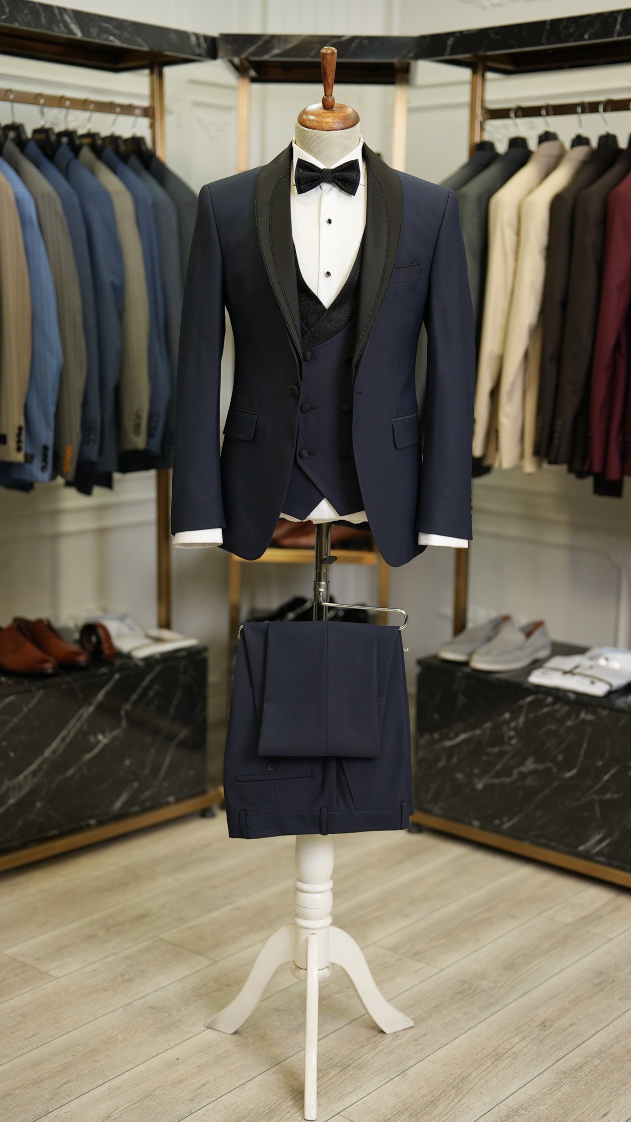 Erkek Smokin Damatlık Simli Şal Yaka İtalyan Stil Slim Fit Ceket Yelek Pantolon Papyon-Lacivert