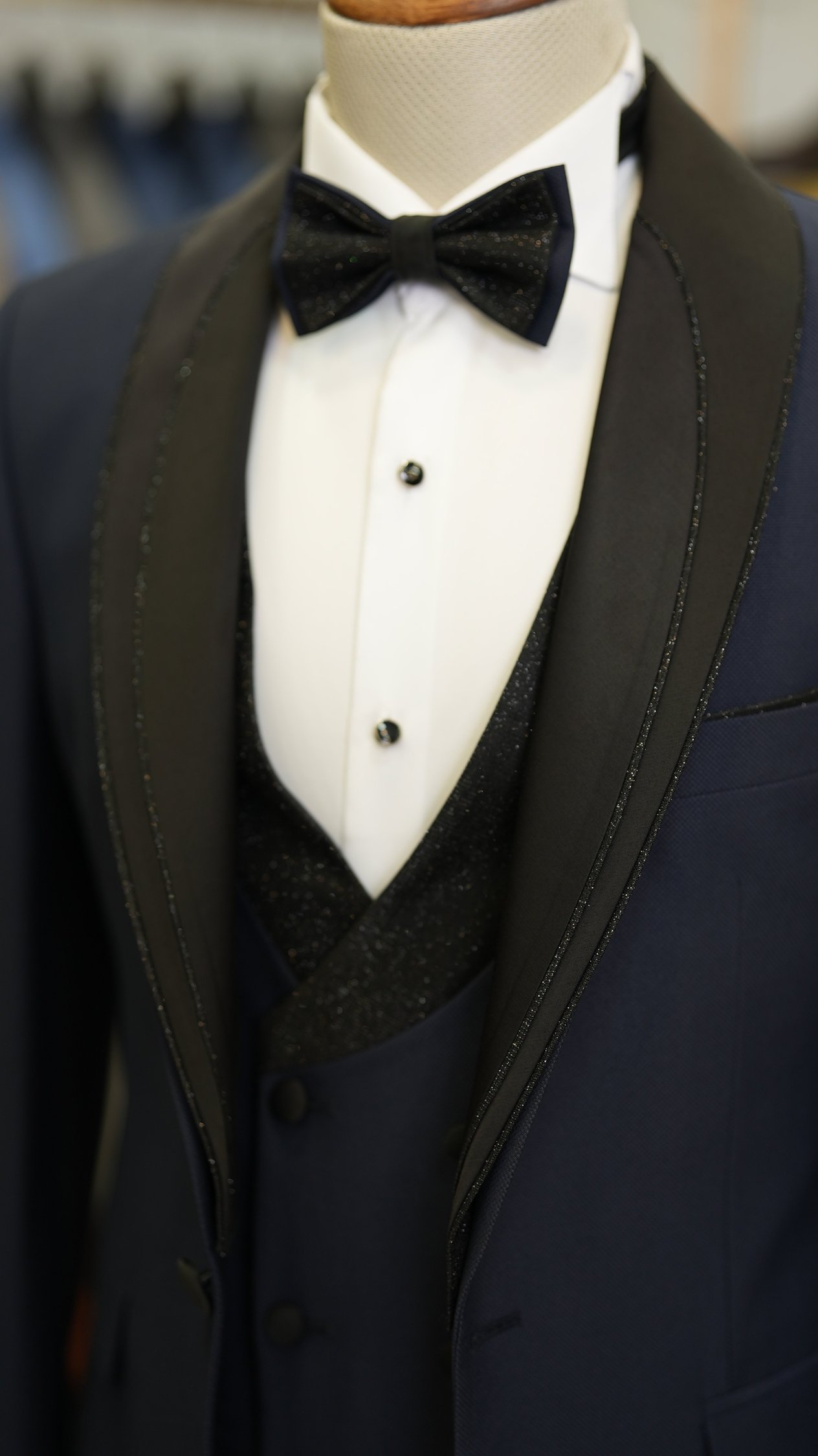 Erkek Smokin Damatlık Simli Şal Yaka İtalyan Stil Slim Fit Ceket Yelek Pantolon Papyon-Lacivert