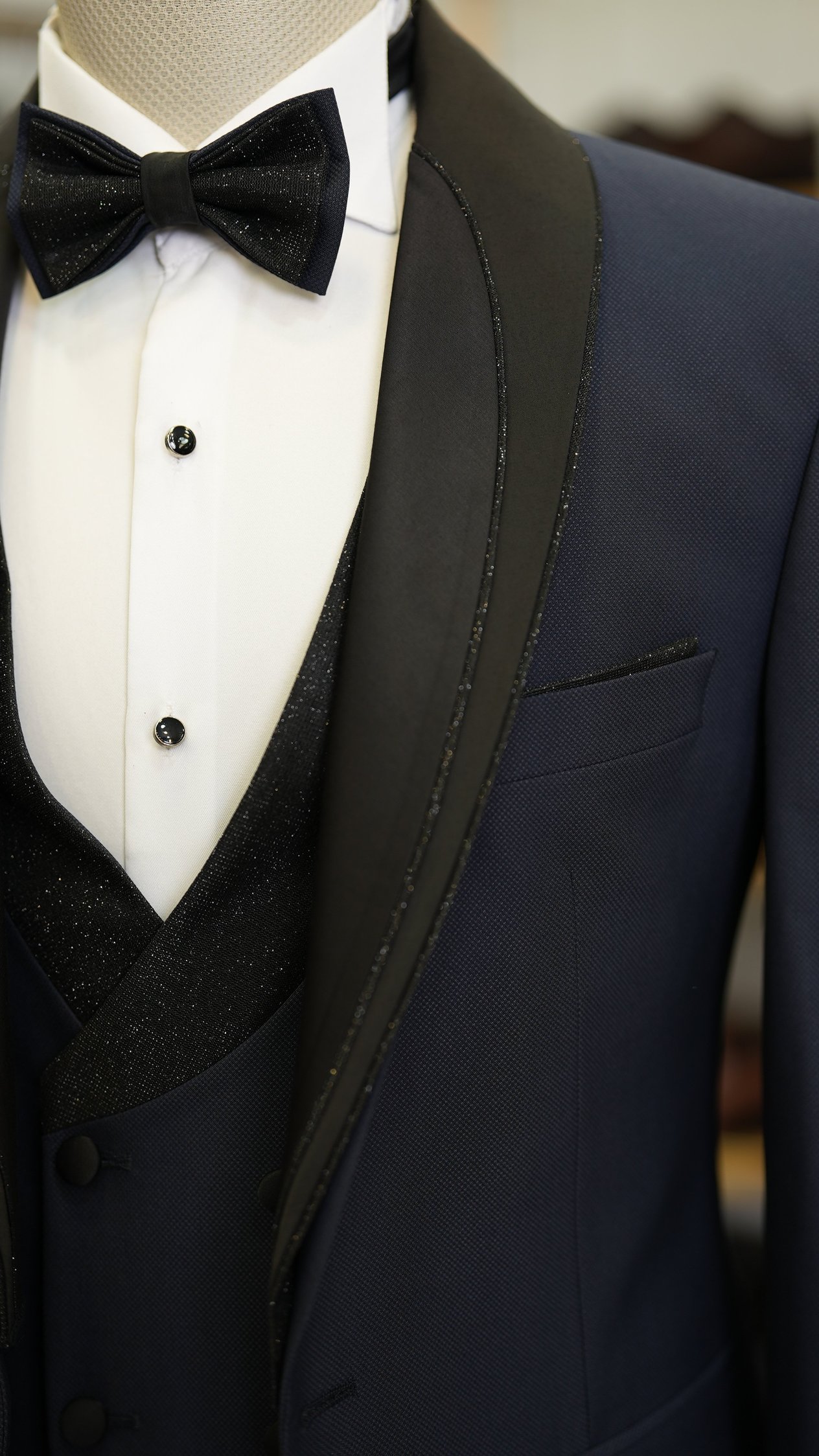 Erkek Smokin Damatlık Simli Şal Yaka İtalyan Stil Slim Fit Ceket Yelek Pantolon Papyon-Lacivert