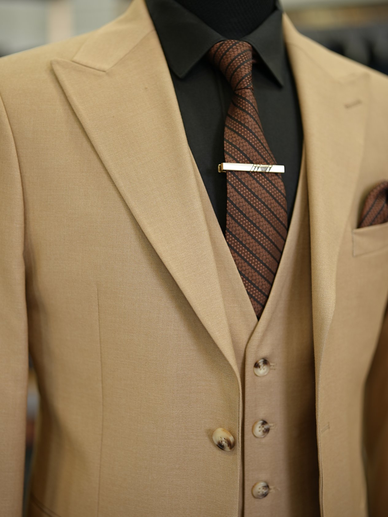 Erkek Takım Elbise Kırlangıç Yaka İtalyan Stil Slim Fit Ceket Yelek Pantolon - Krem