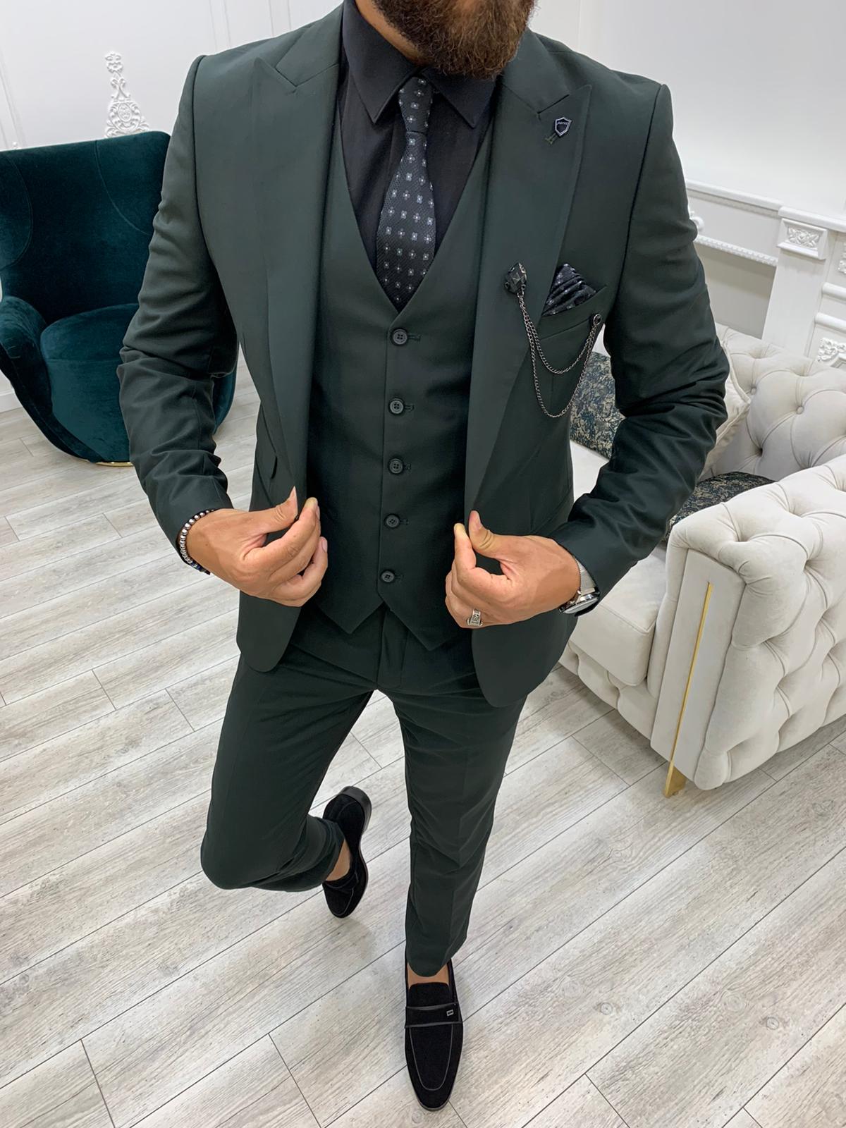 Erkek Takım Elbise Slim Fit Ceket Yelek Pantolon - Haki