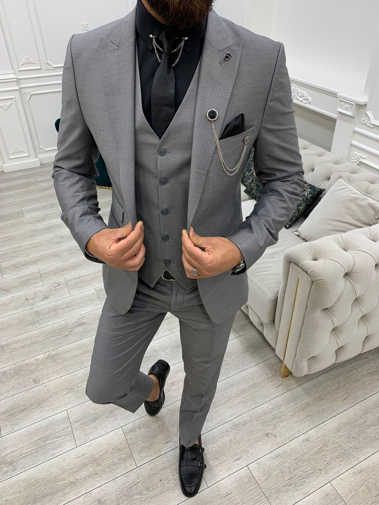 Erkek Takım Elbise Slim Fit Ceket Yelek Pantolon - Gri