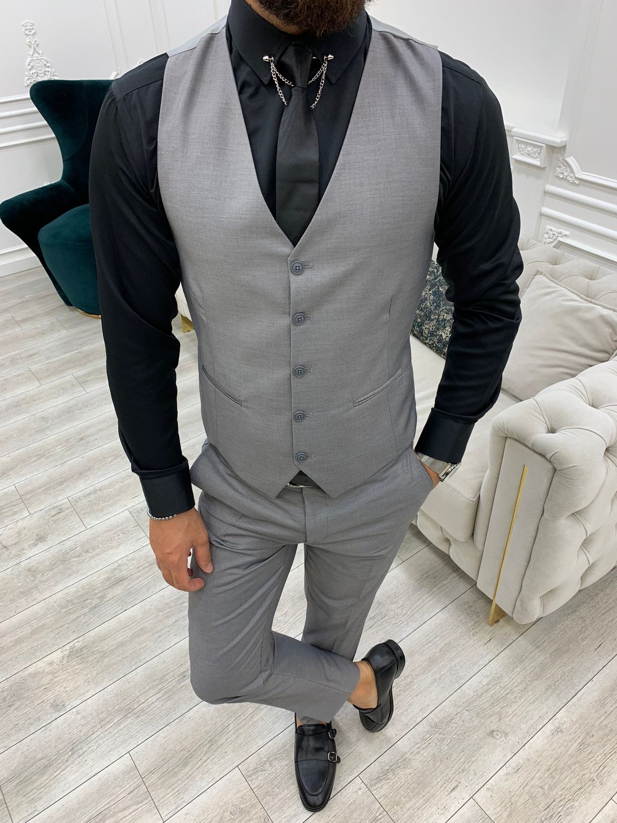 Erkek Takım Elbise Slim Fit Ceket Yelek Pantolon - Gri